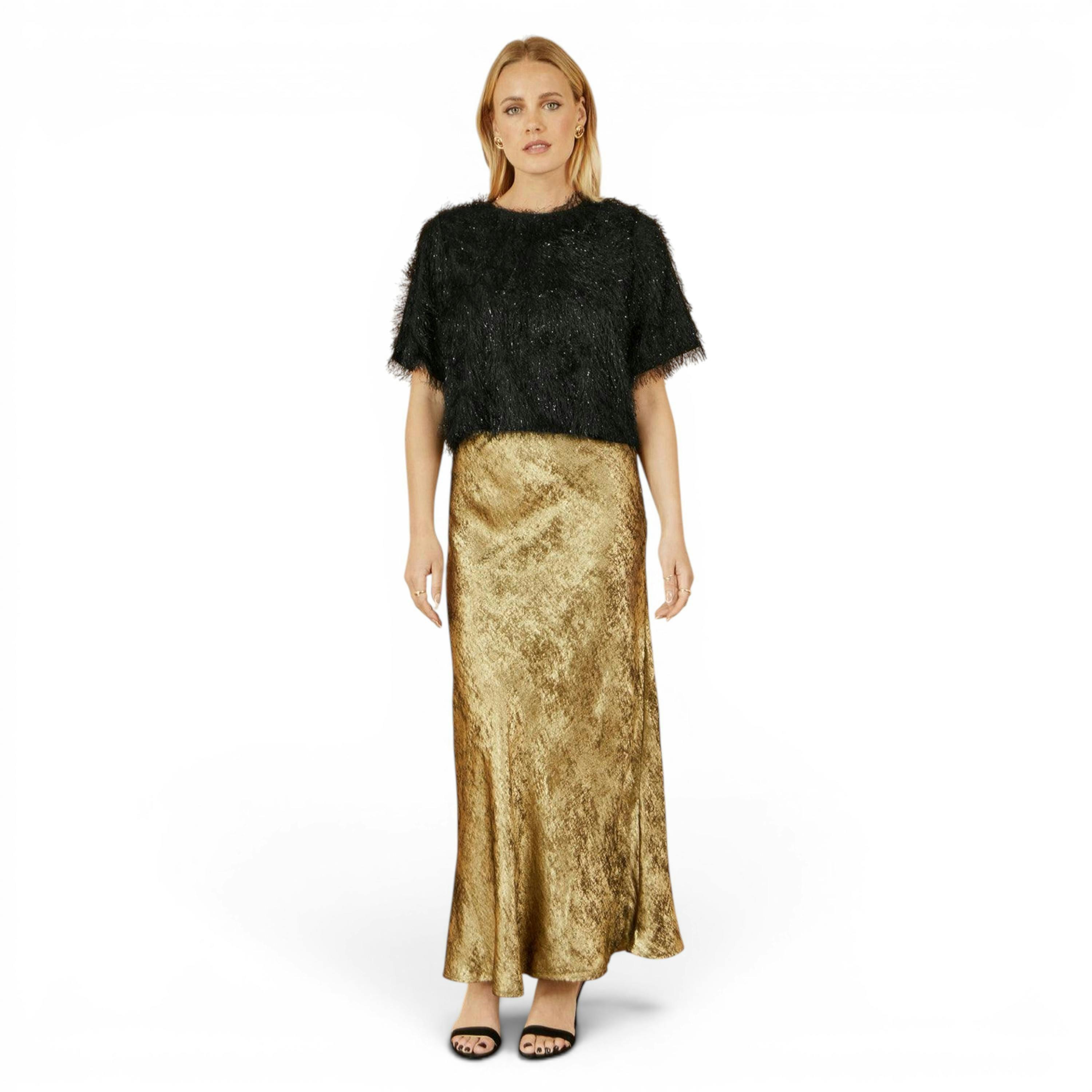 Yumi Gold Satin Midi Skirt , view 1 of 4