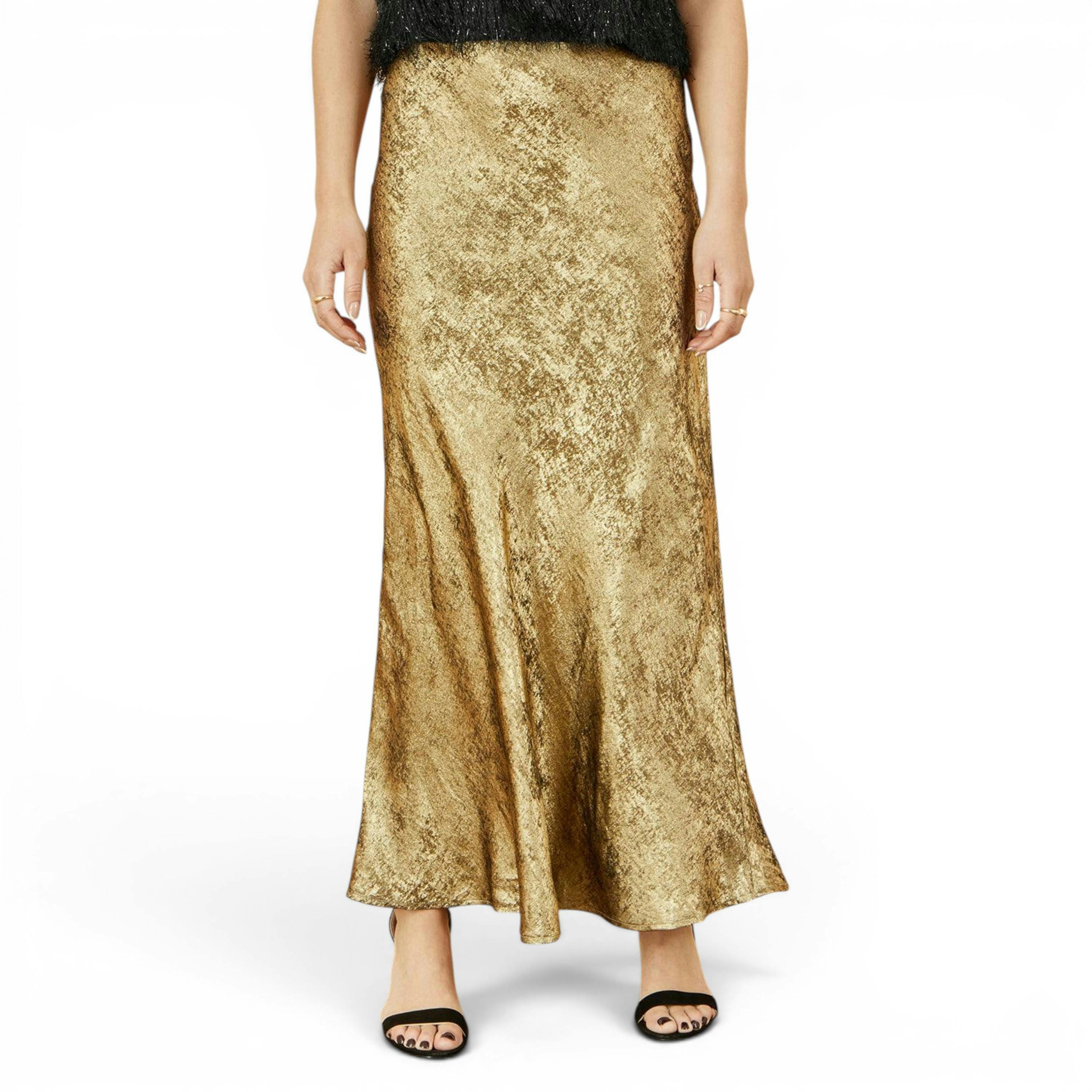Yumi Gold Satin Midi Skirt , view 2 of 4