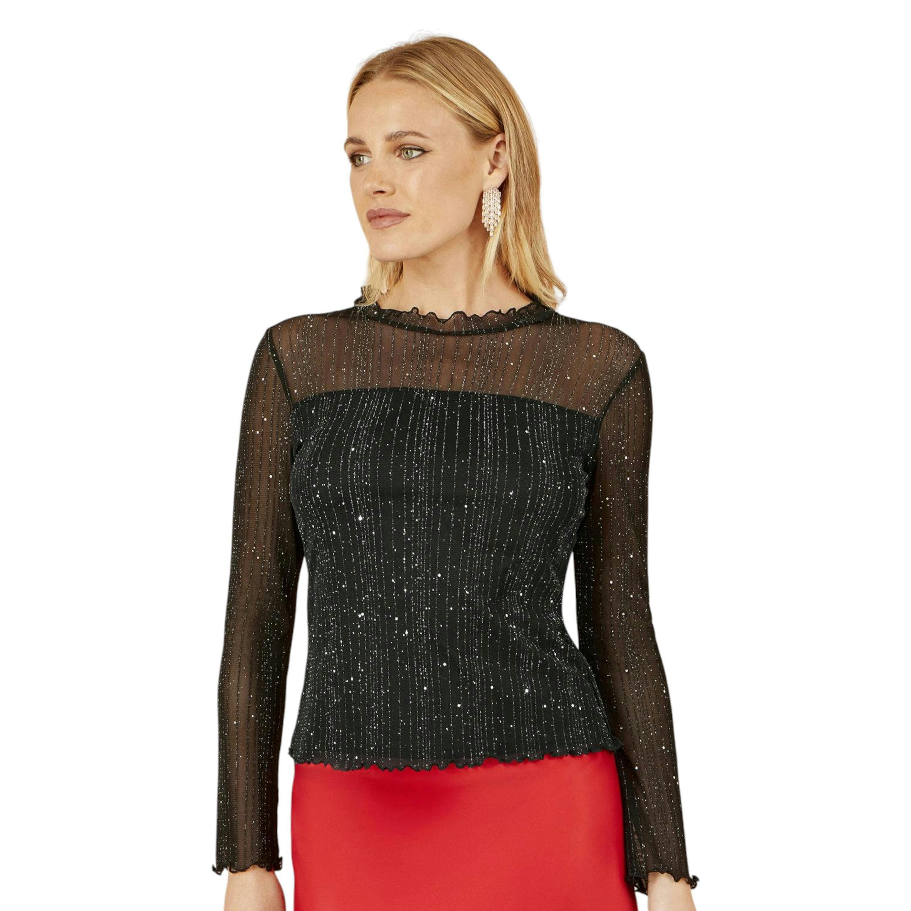 Yumi Black Sparkle Print Mesh Stretch Fitted Top , view 1 of 6