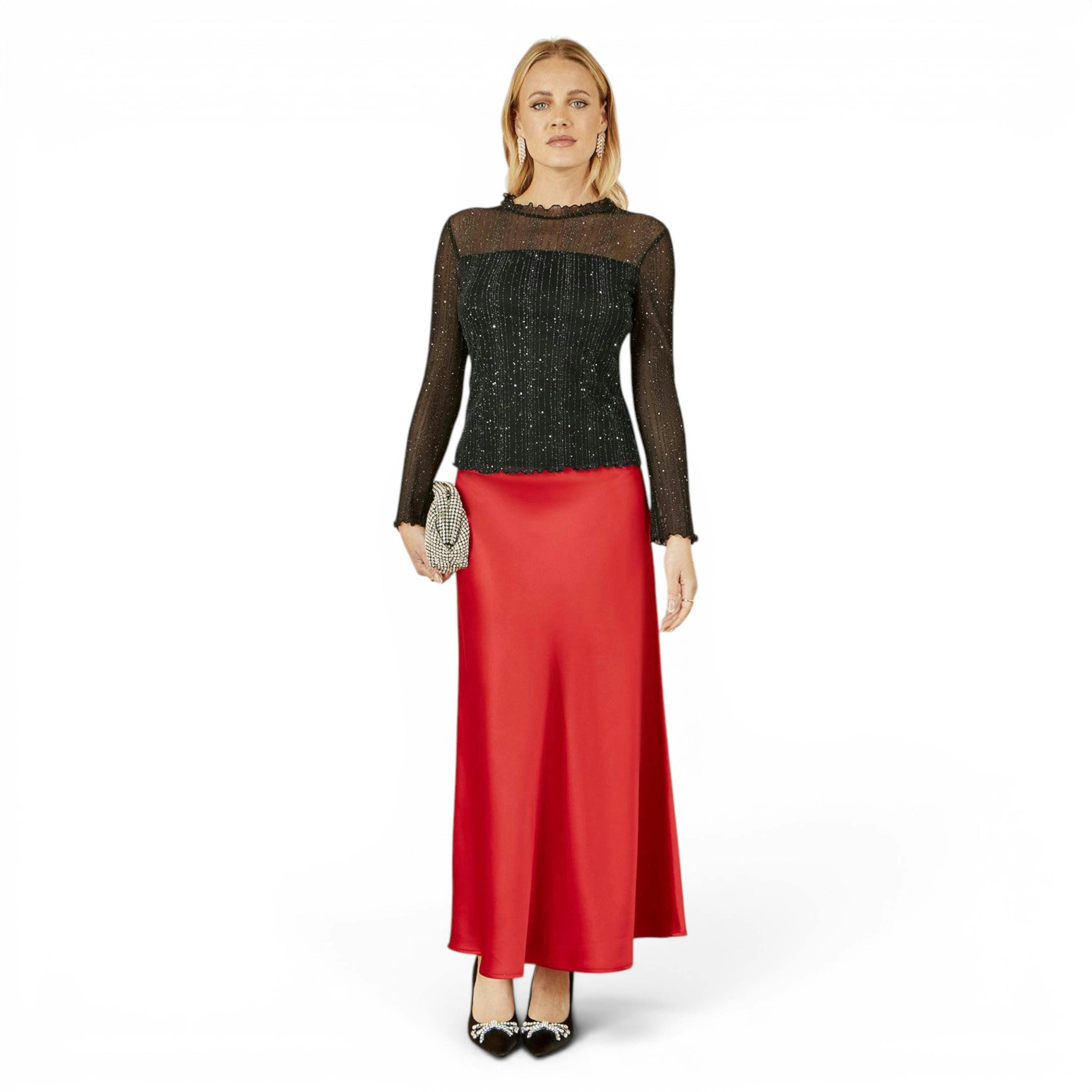 Yumi Black Sparkle Print Mesh Stretch Fitted Top , view 2 of 6