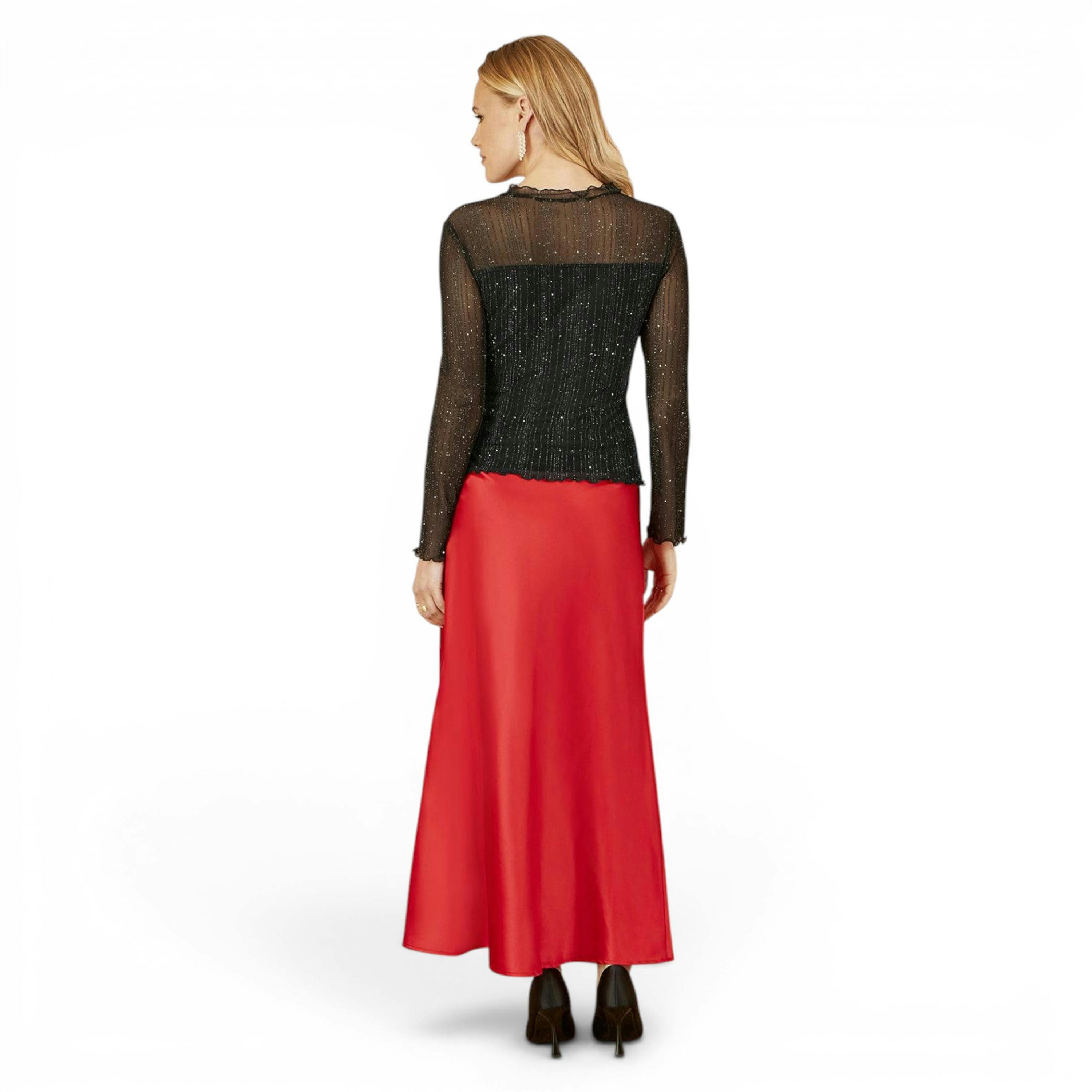Yumi Black Sparkle Print Mesh Stretch Fitted Top , view 5 of 6