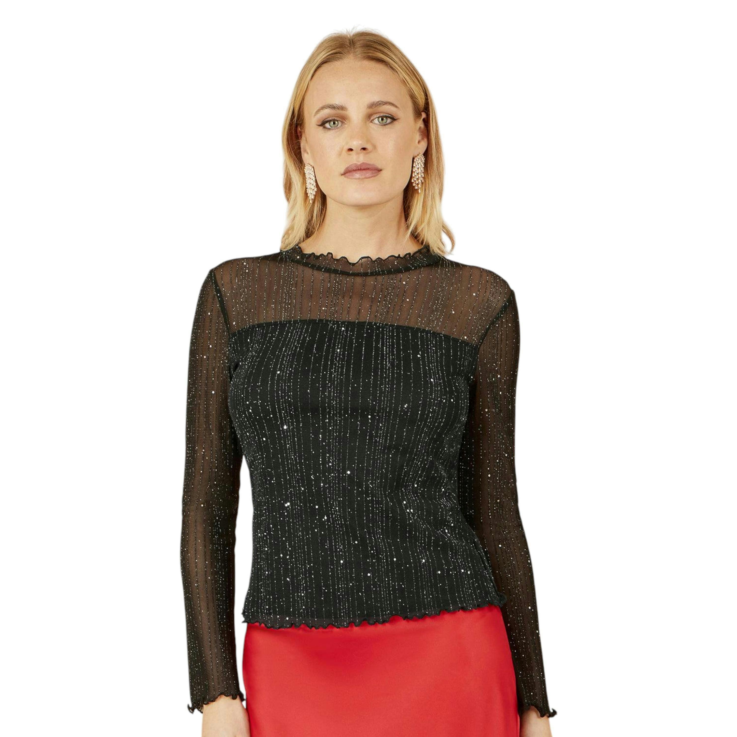 Yumi Black Sparkle Print Mesh Stretch Fitted Top , view 6 of 6