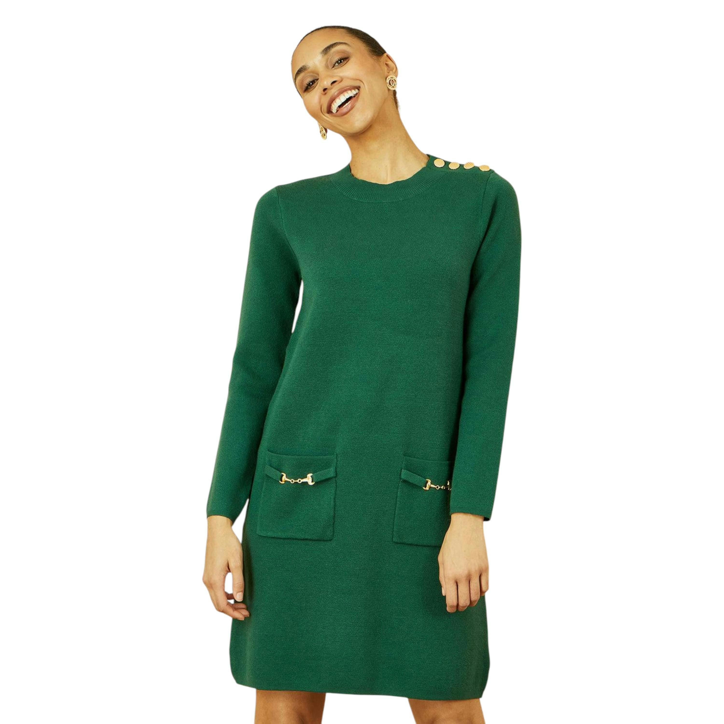 Yumi Green Knitted Tunic Dress With Gold Hardware Details , view 1 of 5