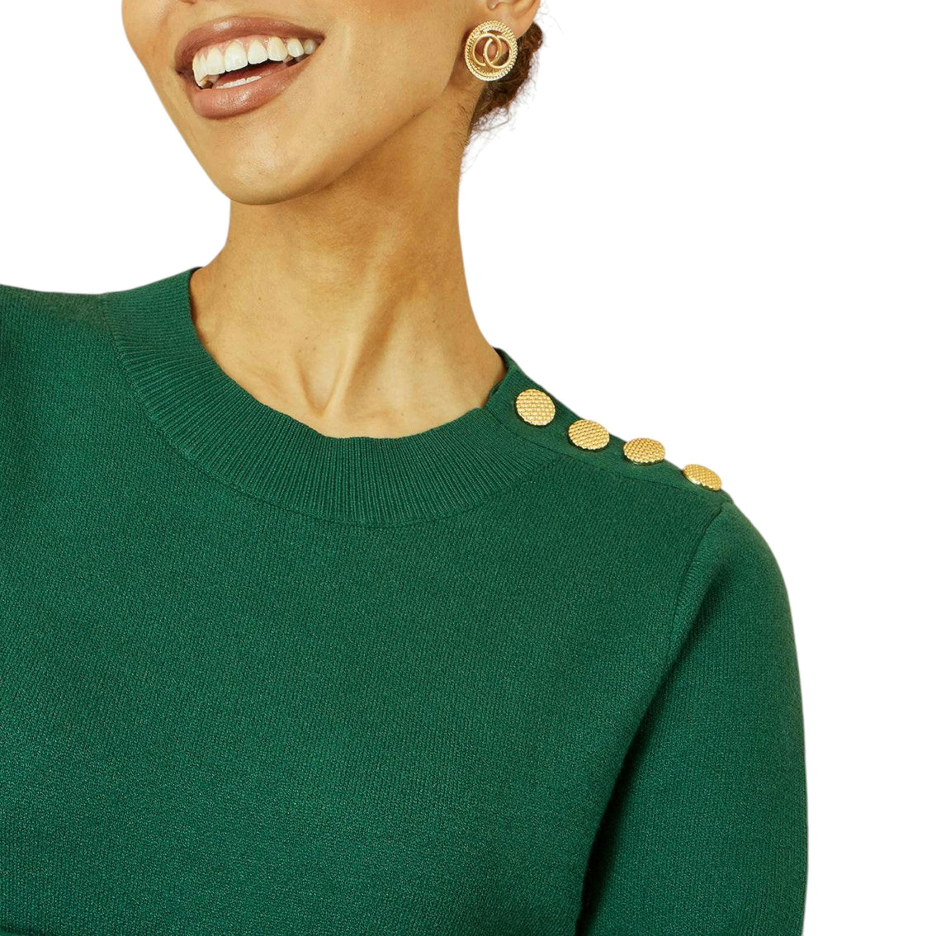 Yumi Green Knitted Tunic Dress With Gold Hardware Details , view 2 of 5