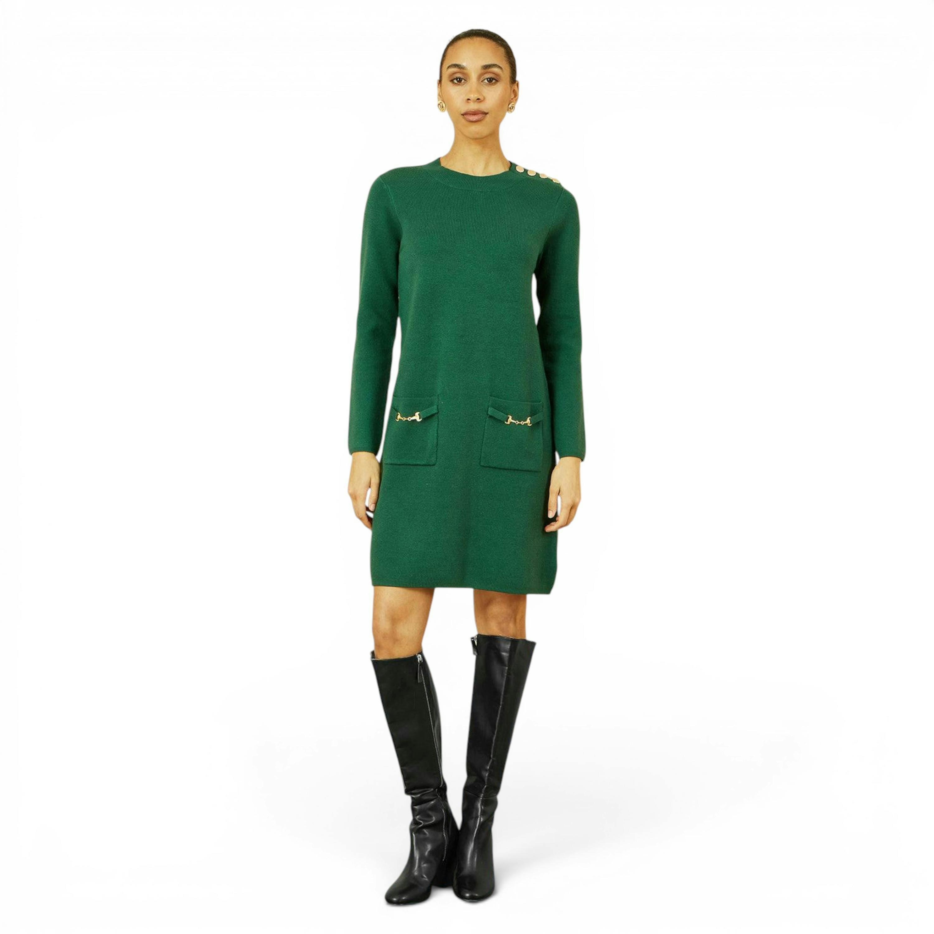 Yumi Green Knitted Tunic Dress With Gold Hardware Details , view 3 of 5