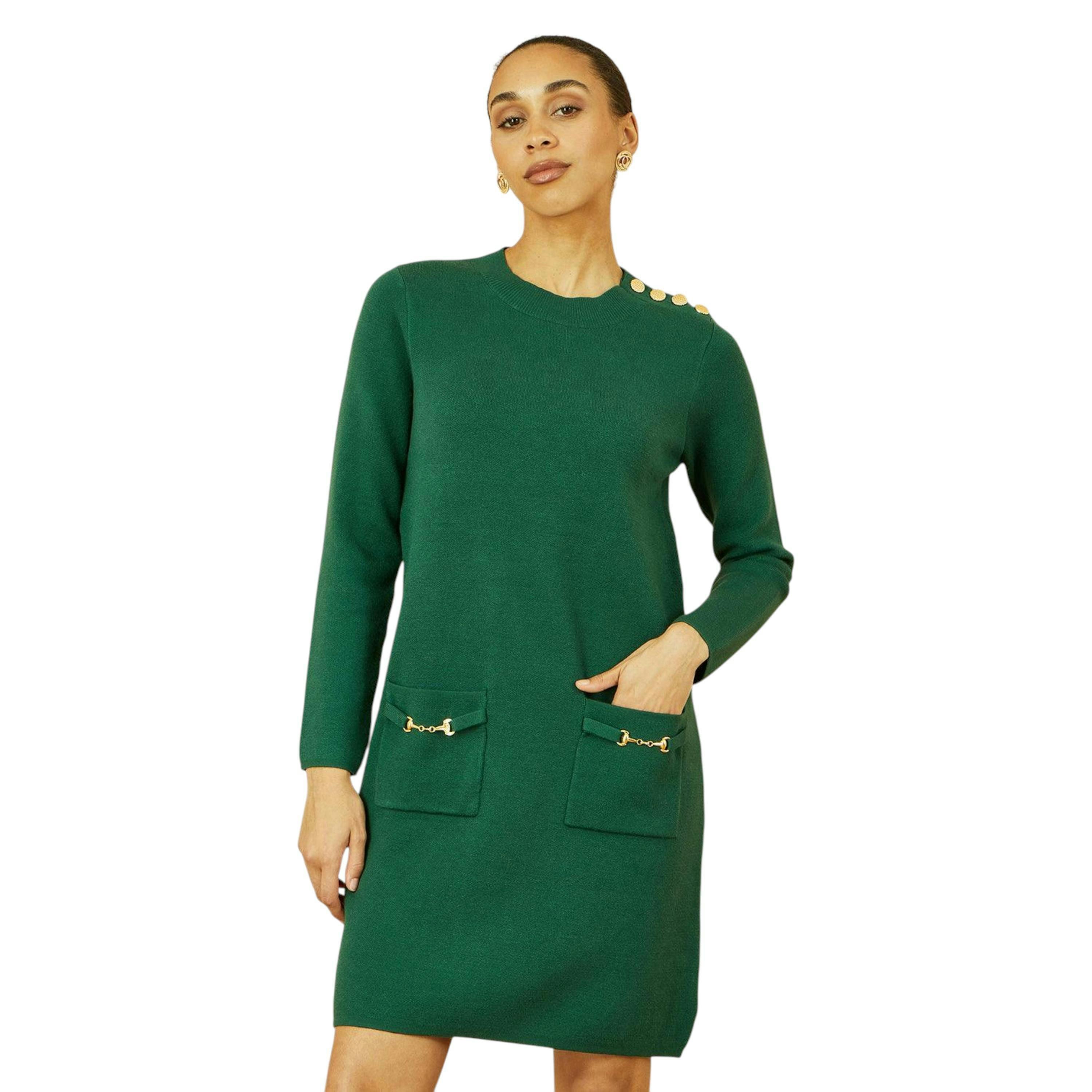 Yumi Green Knitted Tunic Dress With Gold Hardware Details , view 5 of 5