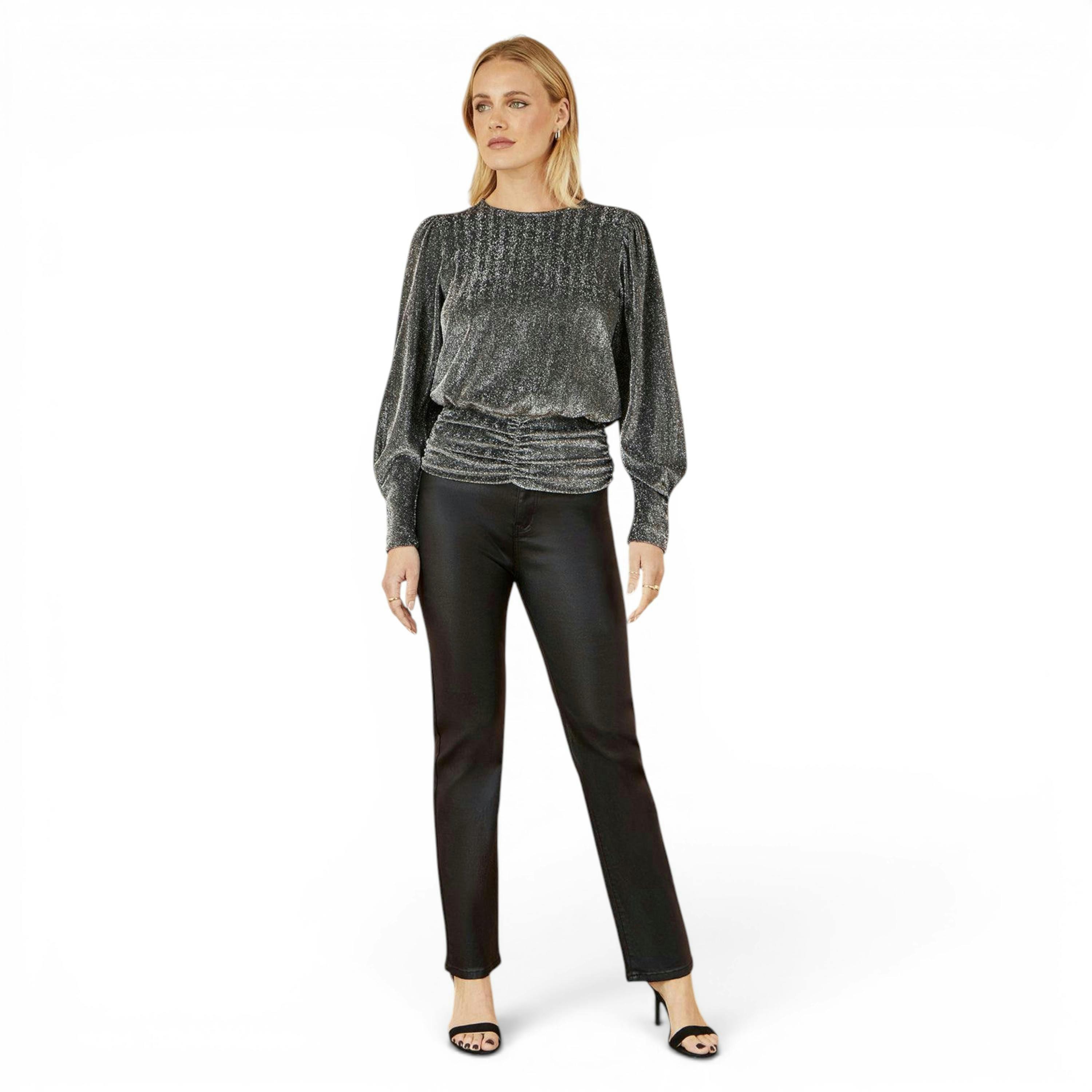Yumi Black Metallic Stretch Ruched Hem Top , view 2 of 6