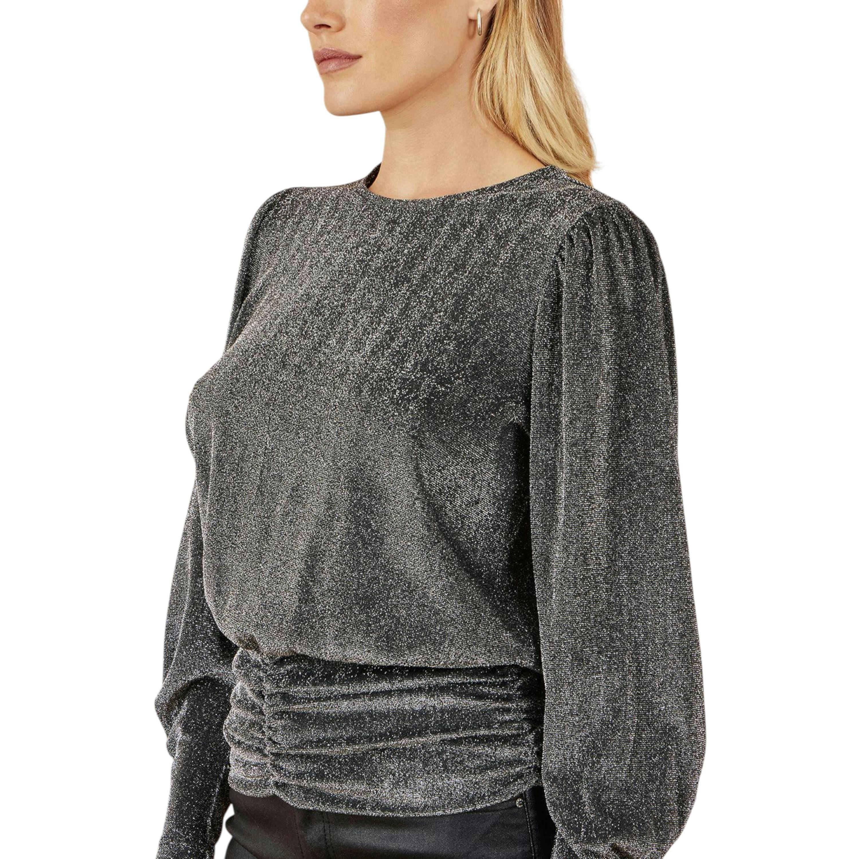 Yumi Black Metallic Stretch Ruched Hem Top , view 3 of 6