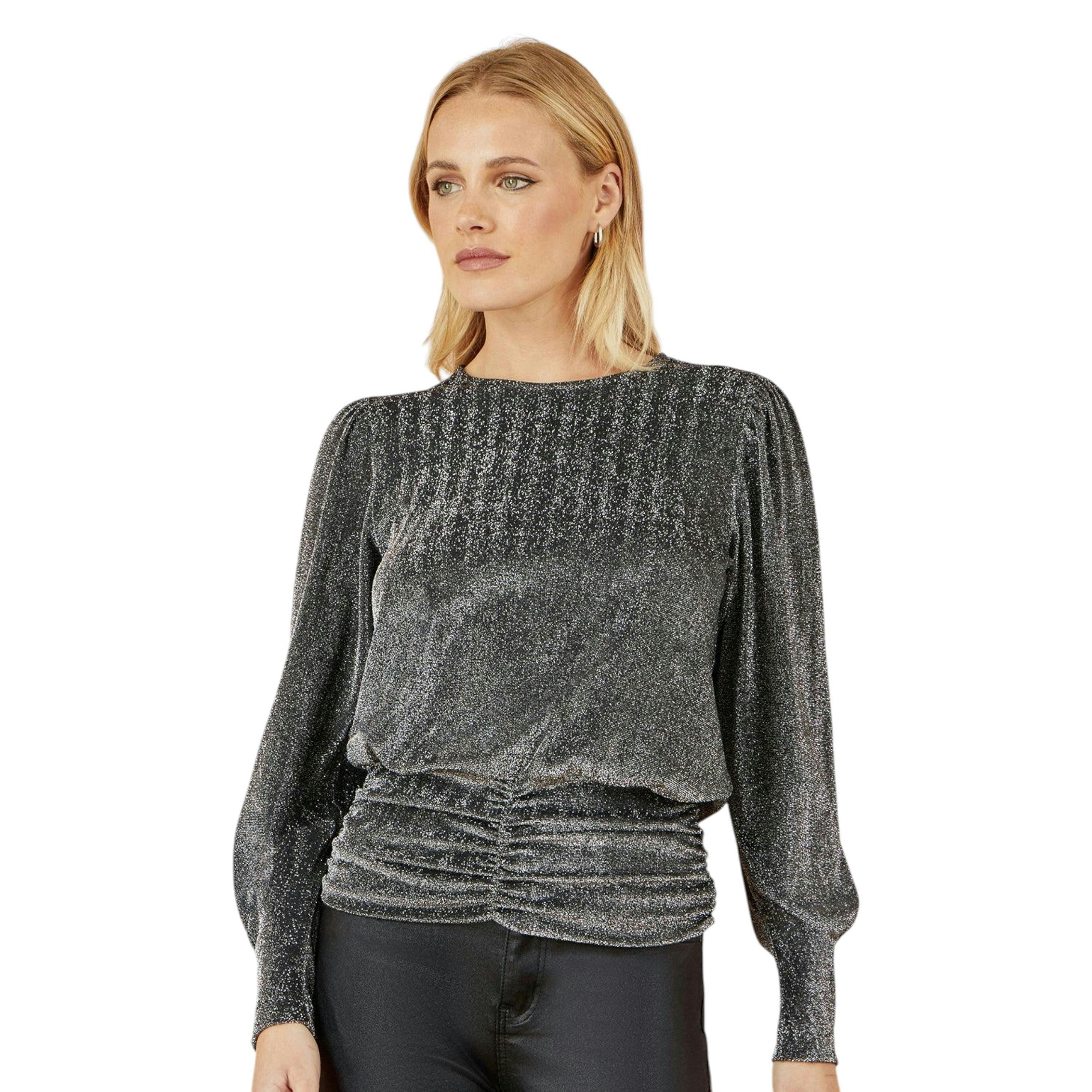 Yumi Black Metallic Stretch Ruched Hem Top , view 6 of 6