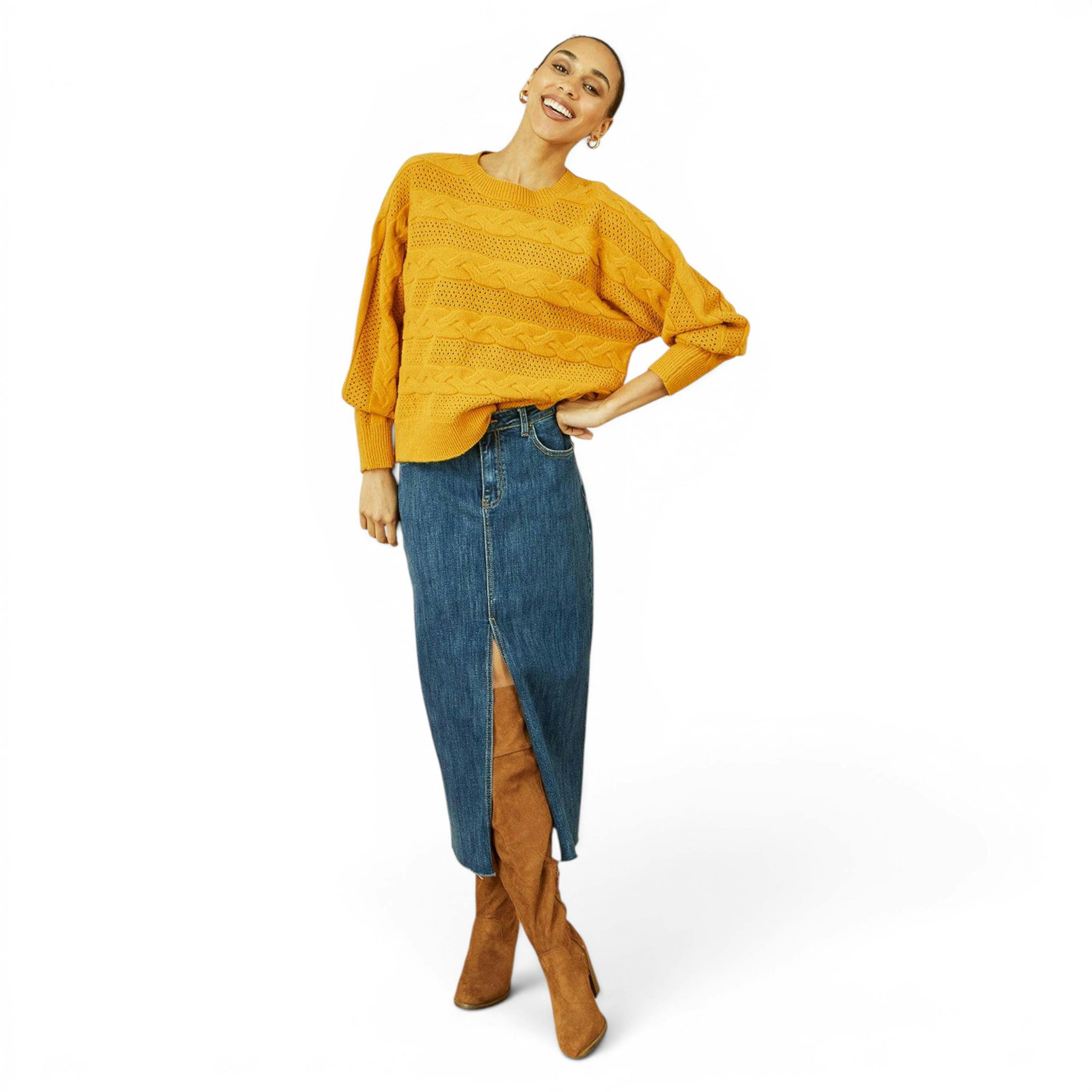 Yumi Mustard Cable Knit Relaxed Fit Jumper , view 2 of 5