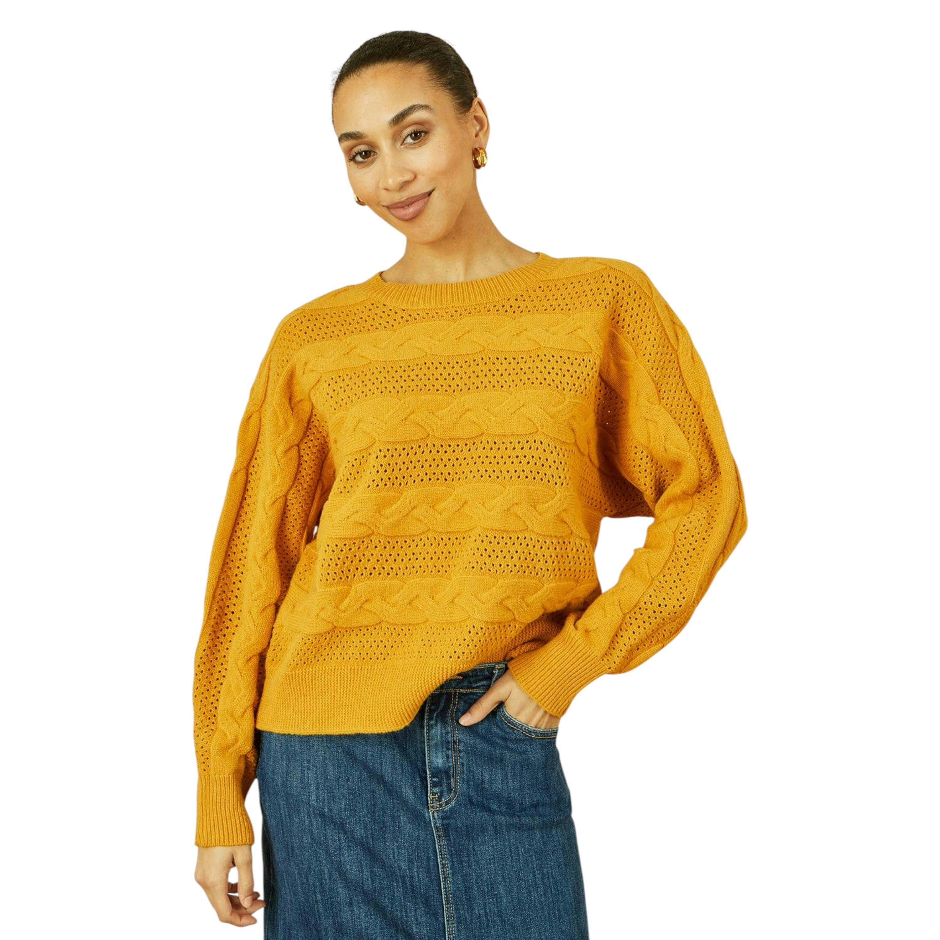 Yumi Mustard Cable Knit Relaxed Fit Jumper , view 3 of 5