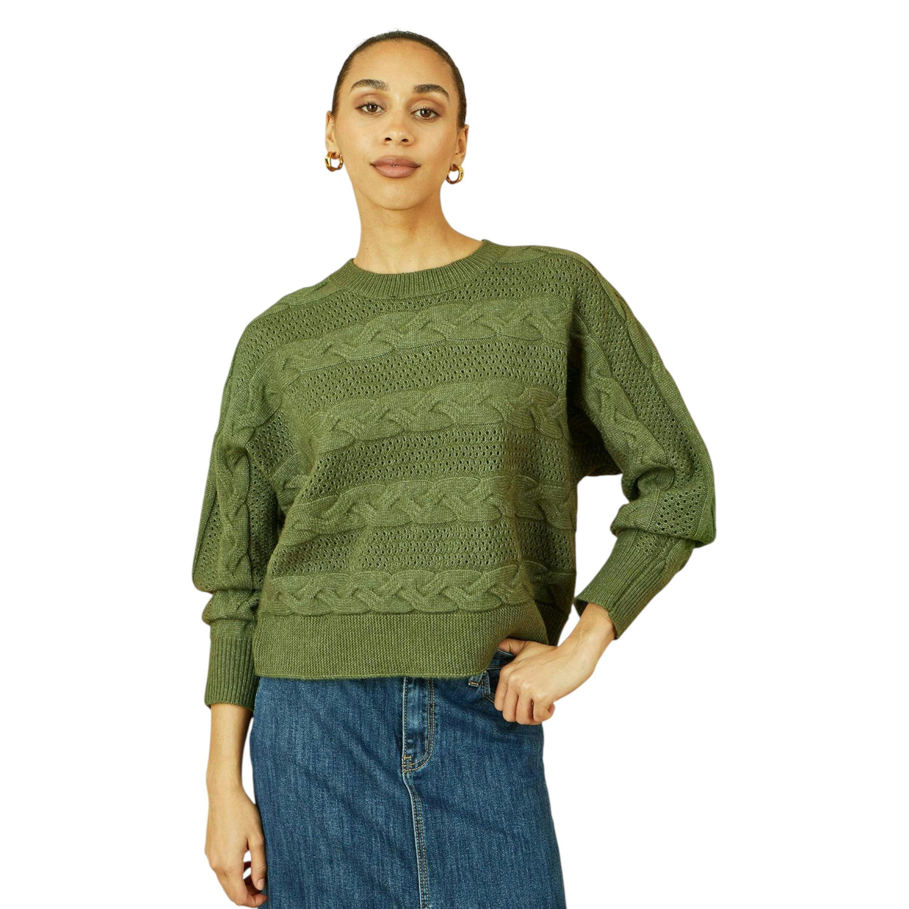 Yumi Green Cable Knit Relaxed Fit Jumper , view 1 of 5