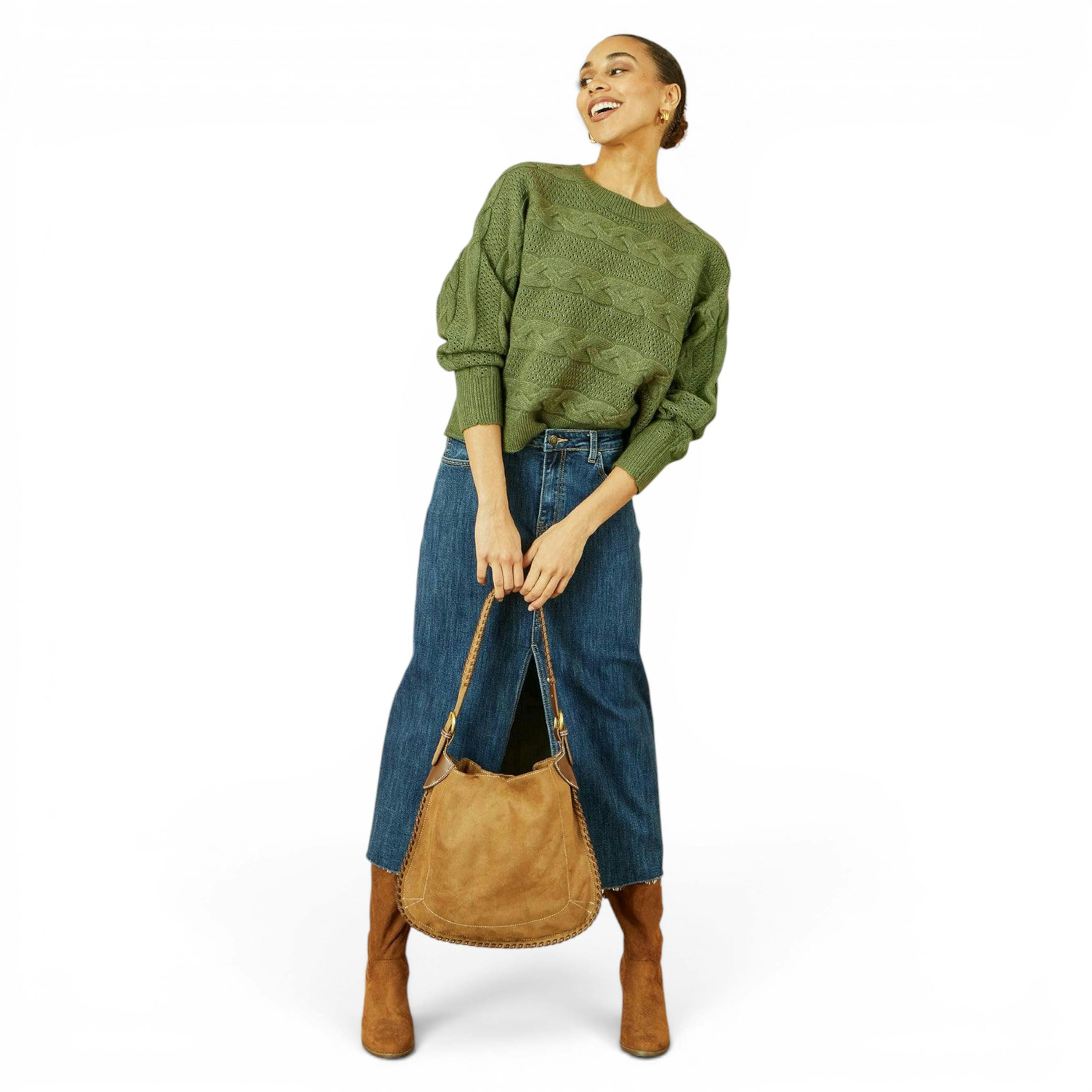 Yumi Green Cable Knit Relaxed Fit Jumper , view 2 of 5