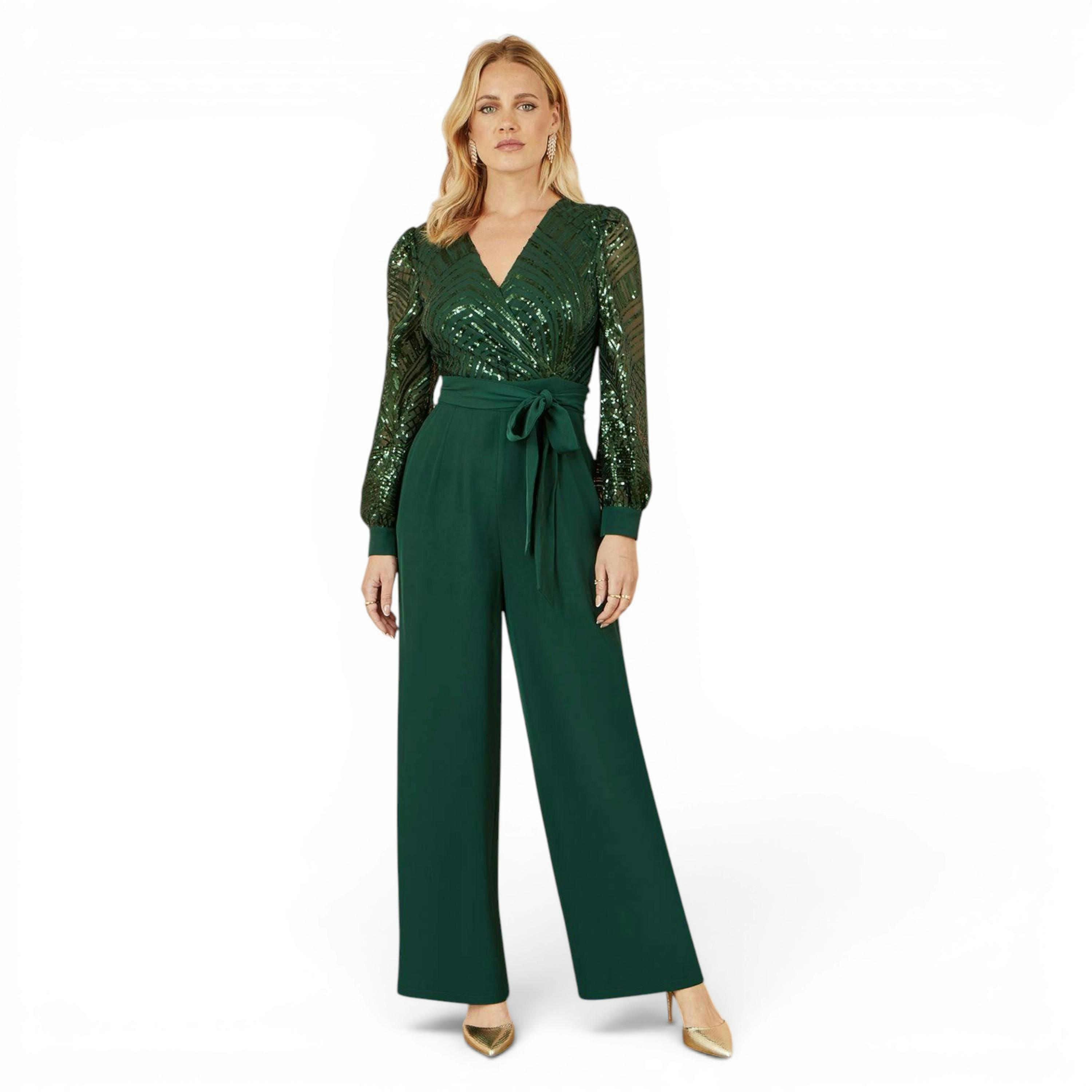 Yumi Green Sequin Wrap Over Jumpsuit , view 1 of 5
