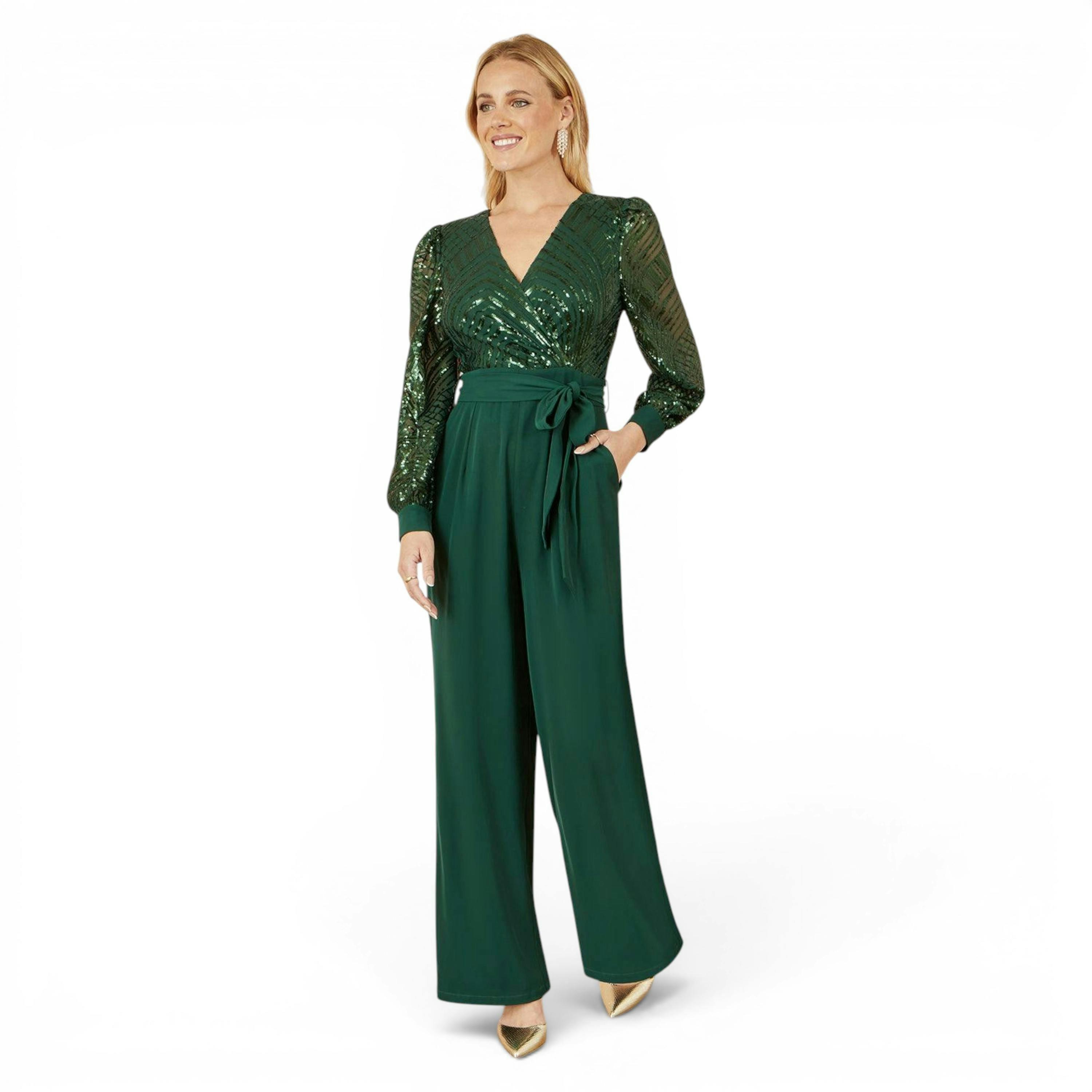 Yumi Green Sequin Wrap Over Jumpsuit , view 3 of 5