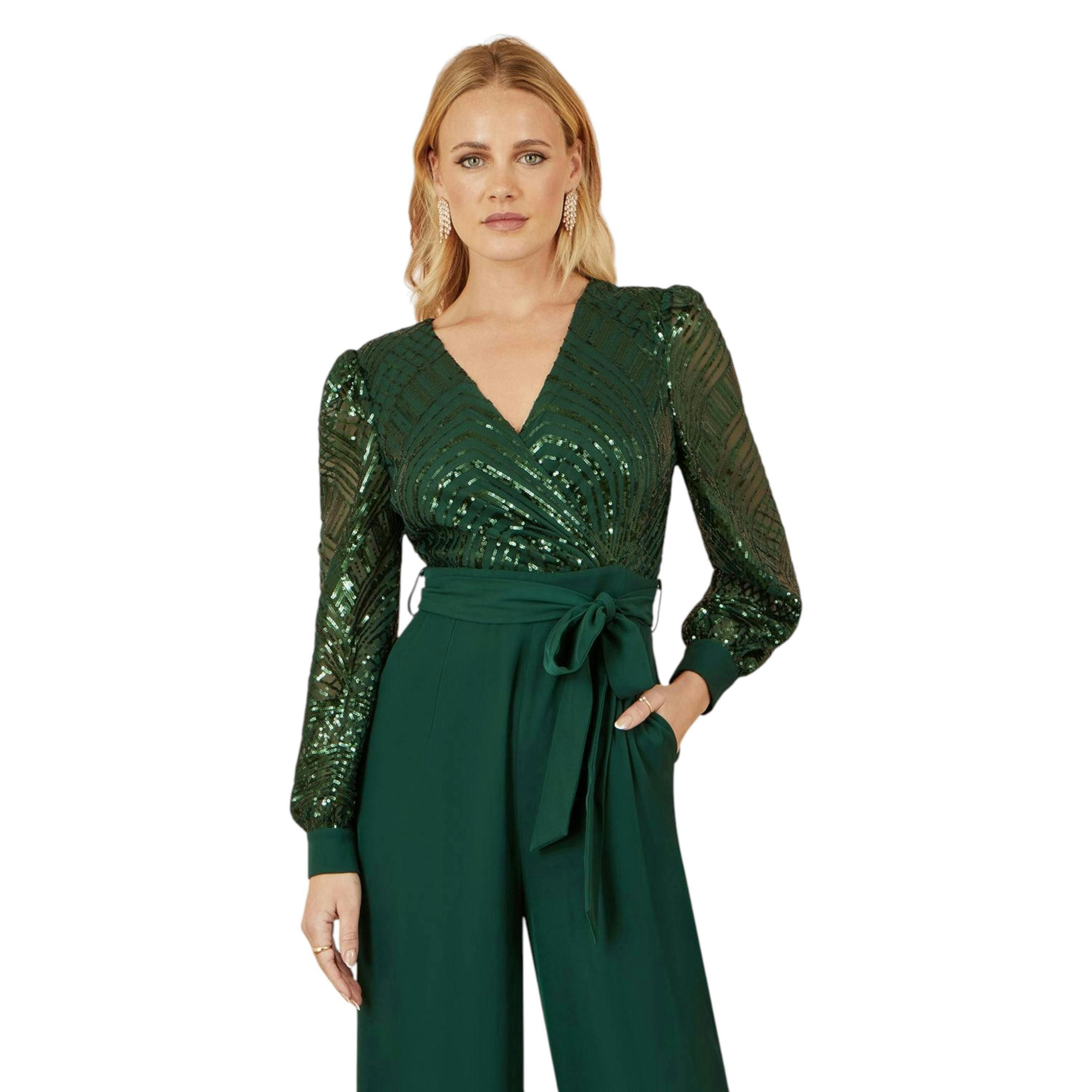 Yumi Green Sequin Wrap Over Jumpsuit , view 4 of 5