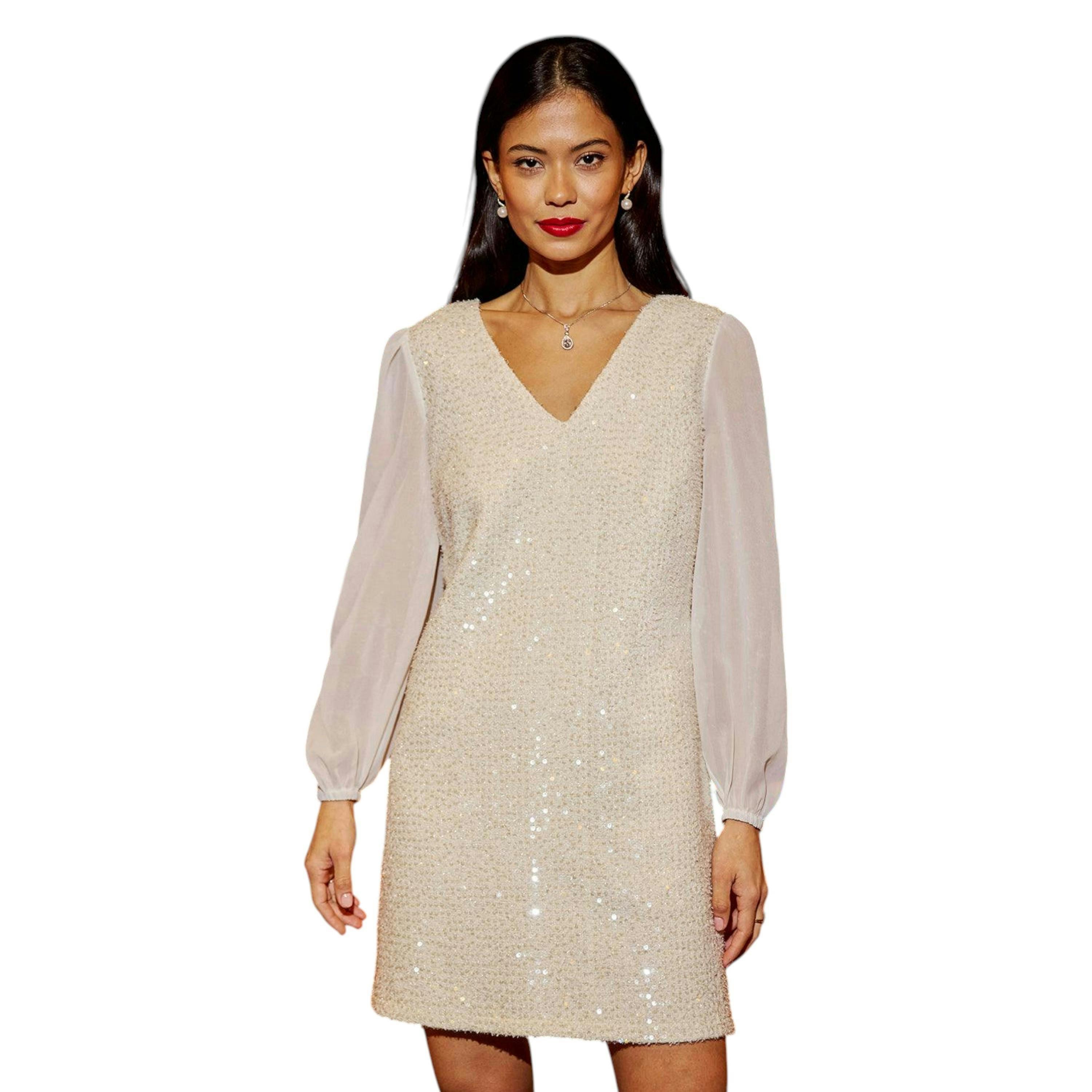 Yumi White Sequin Tunic With Tie Back And Sheer Sleeves , view 1 of 6