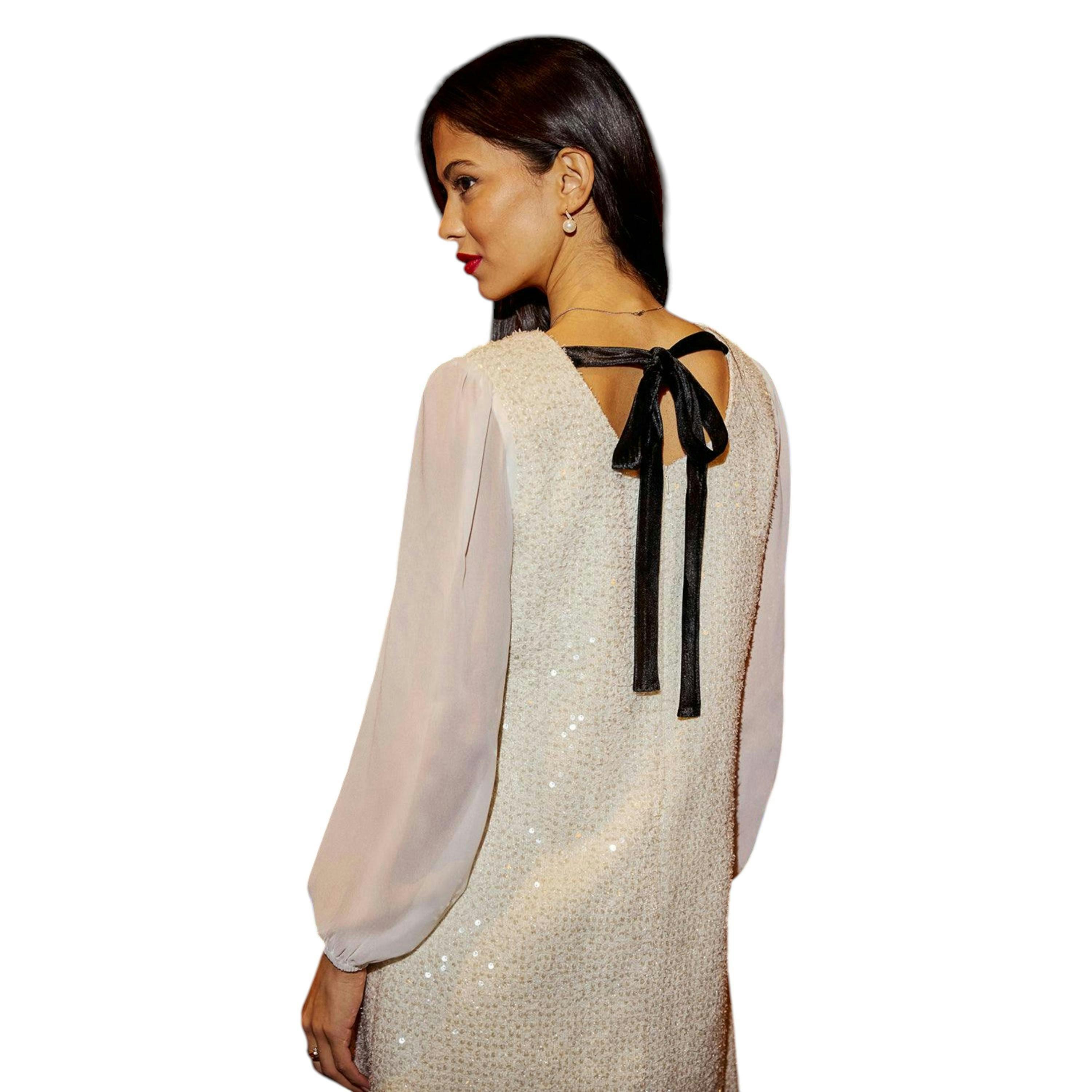 Yumi White Sequin Tunic With Tie Back And Sheer Sleeves , view 6 of 6