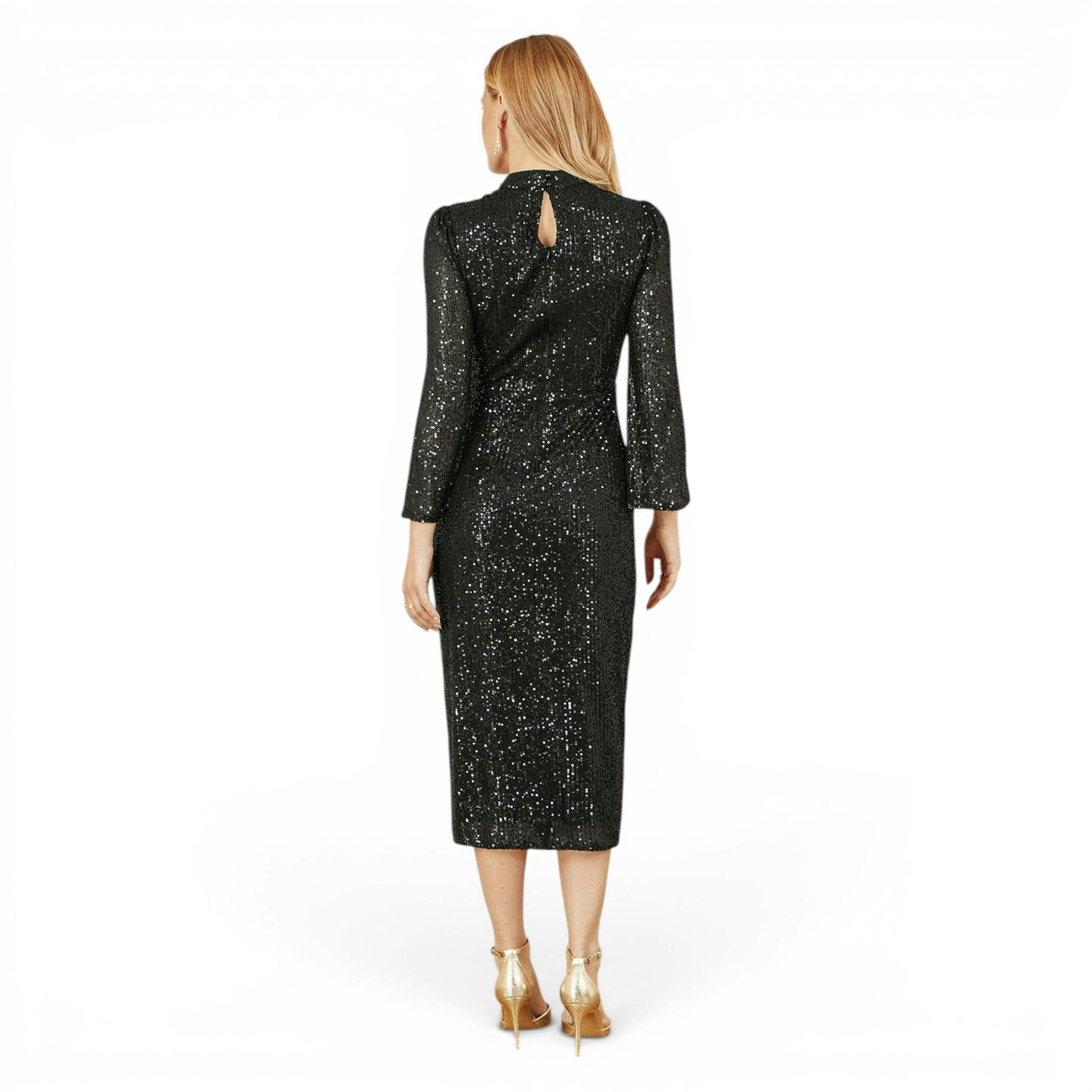 Yumi Black Sequin Fitted Midi Dress With Flute Sleeves , view 3 of 3