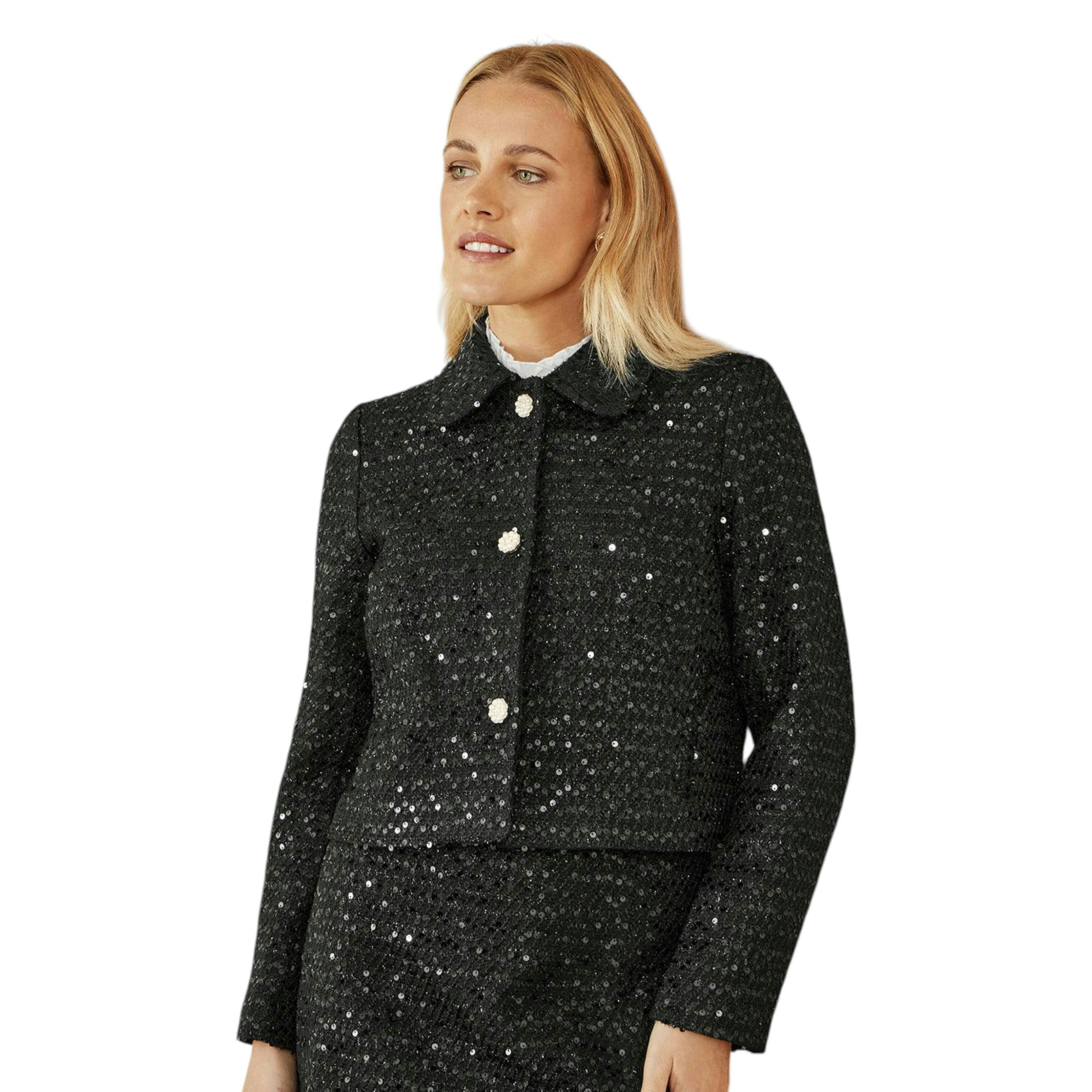 Yumi Black Boucle Sequin Jacket With Pearl Buttons , view 1 of 6