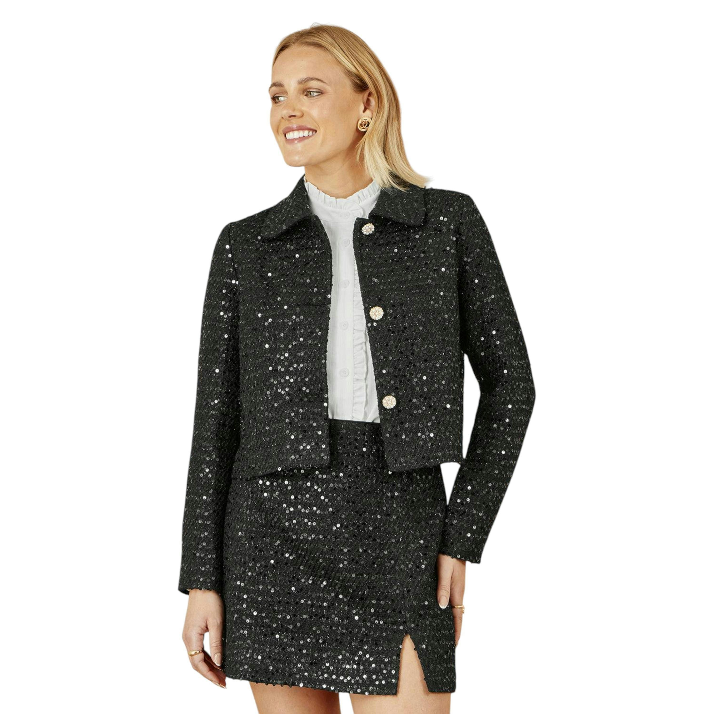 Yumi Black Boucle Sequin Jacket With Pearl Buttons , view 2 of 6