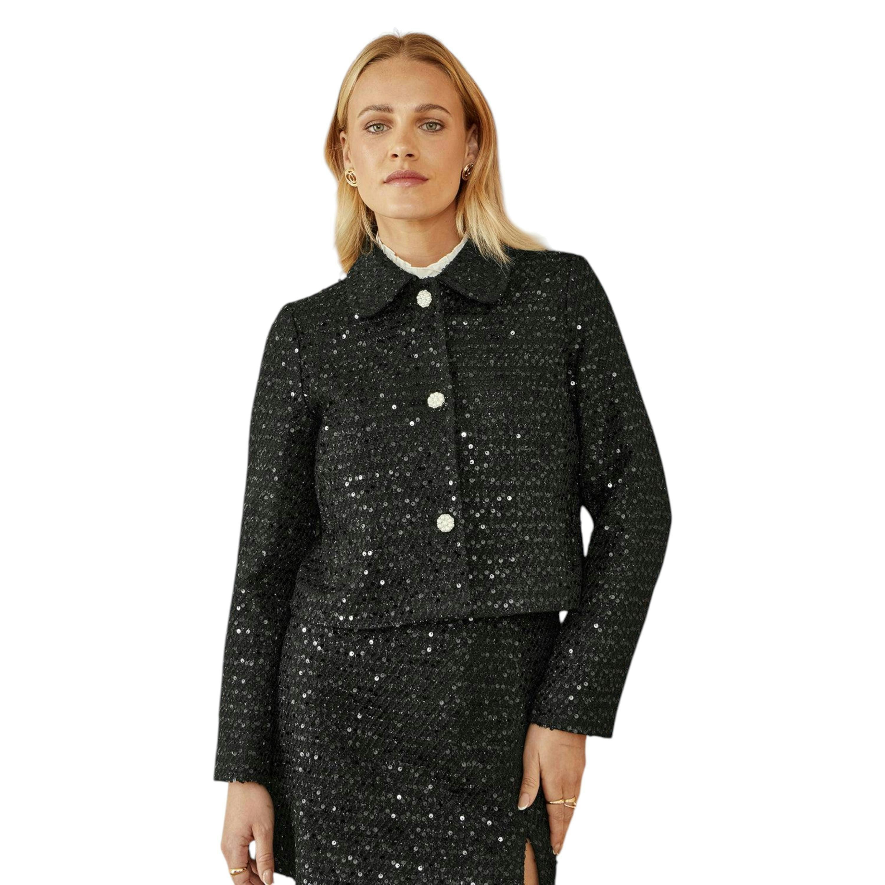 Yumi Black Boucle Sequin Jacket With Pearl Buttons , view 3 of 6