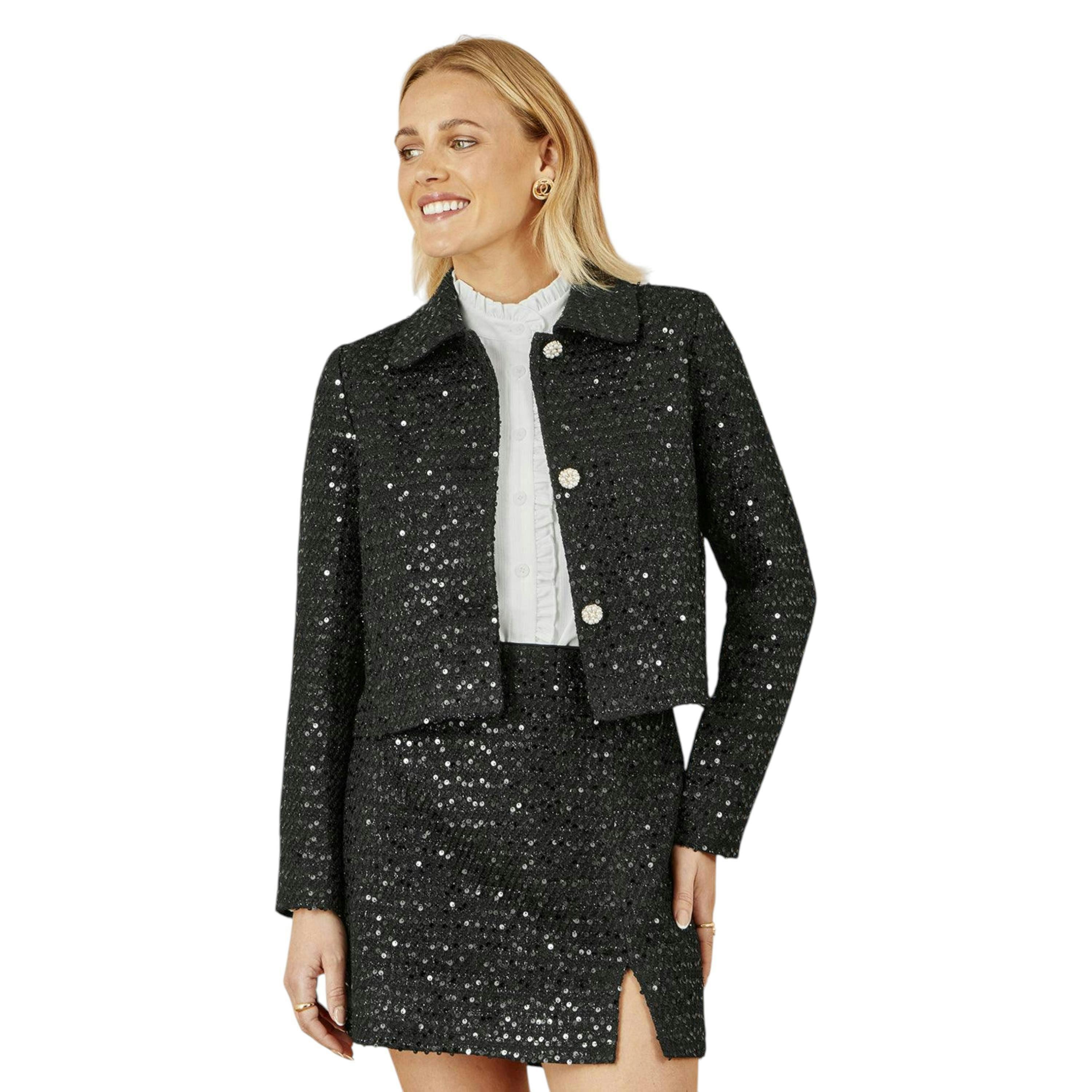 Yumi Black Boucle Sequin Mini Skirt , view 1 of 6