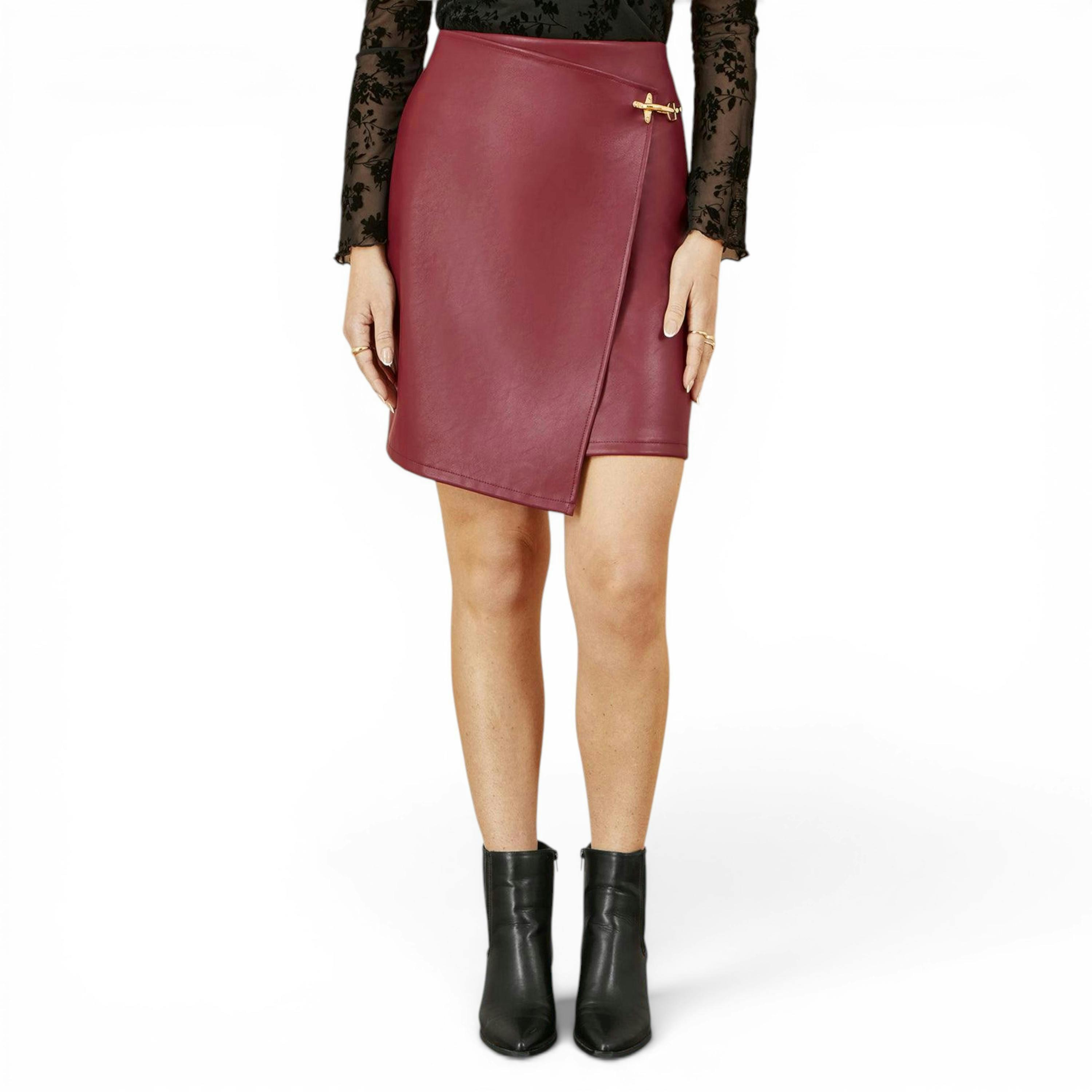 Yumi Burgundy Faux Leather Wrap Mini Skirt , view 2 of 4