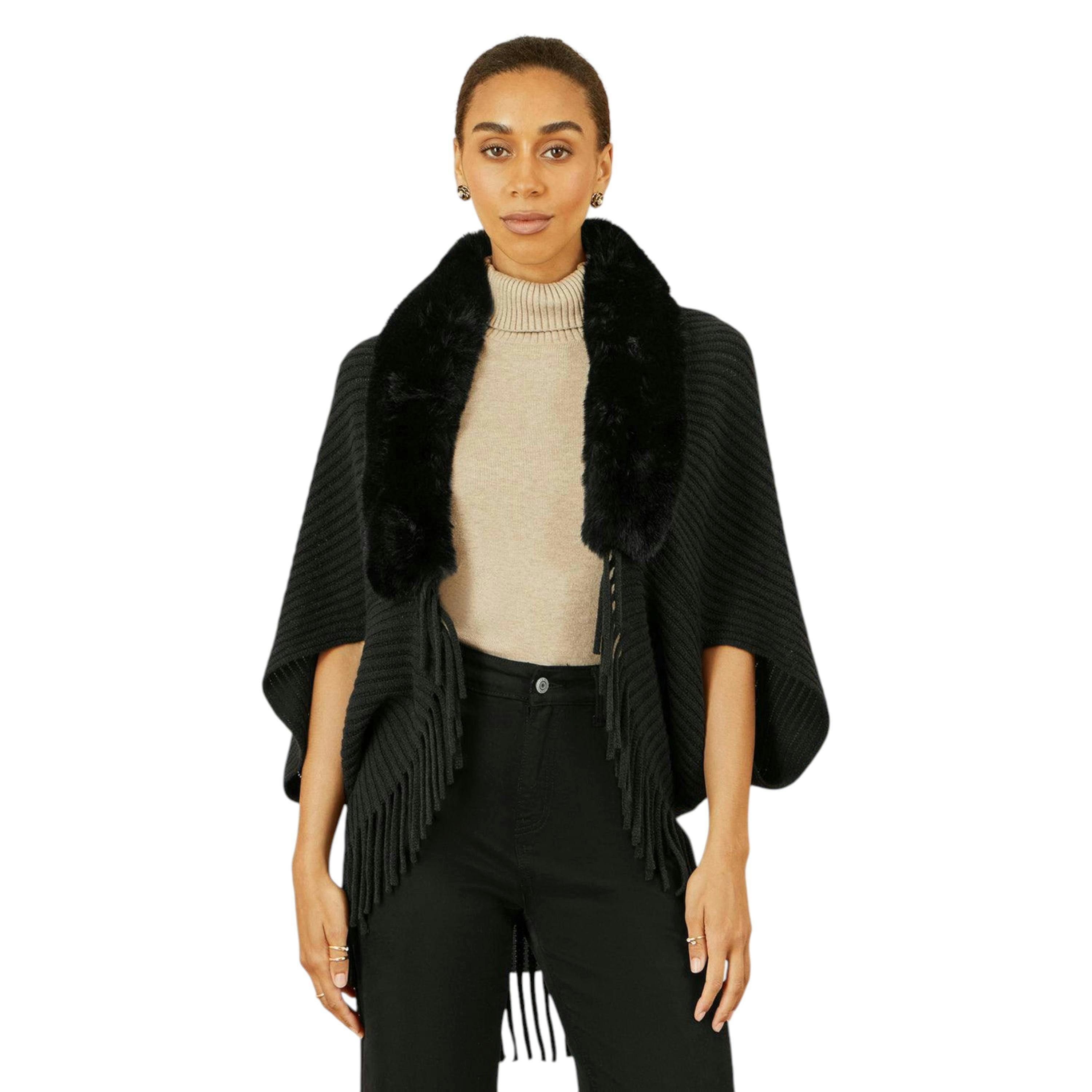 Yumi Black Fur Collar Shrug With Tassel Hem , view 1 of 2