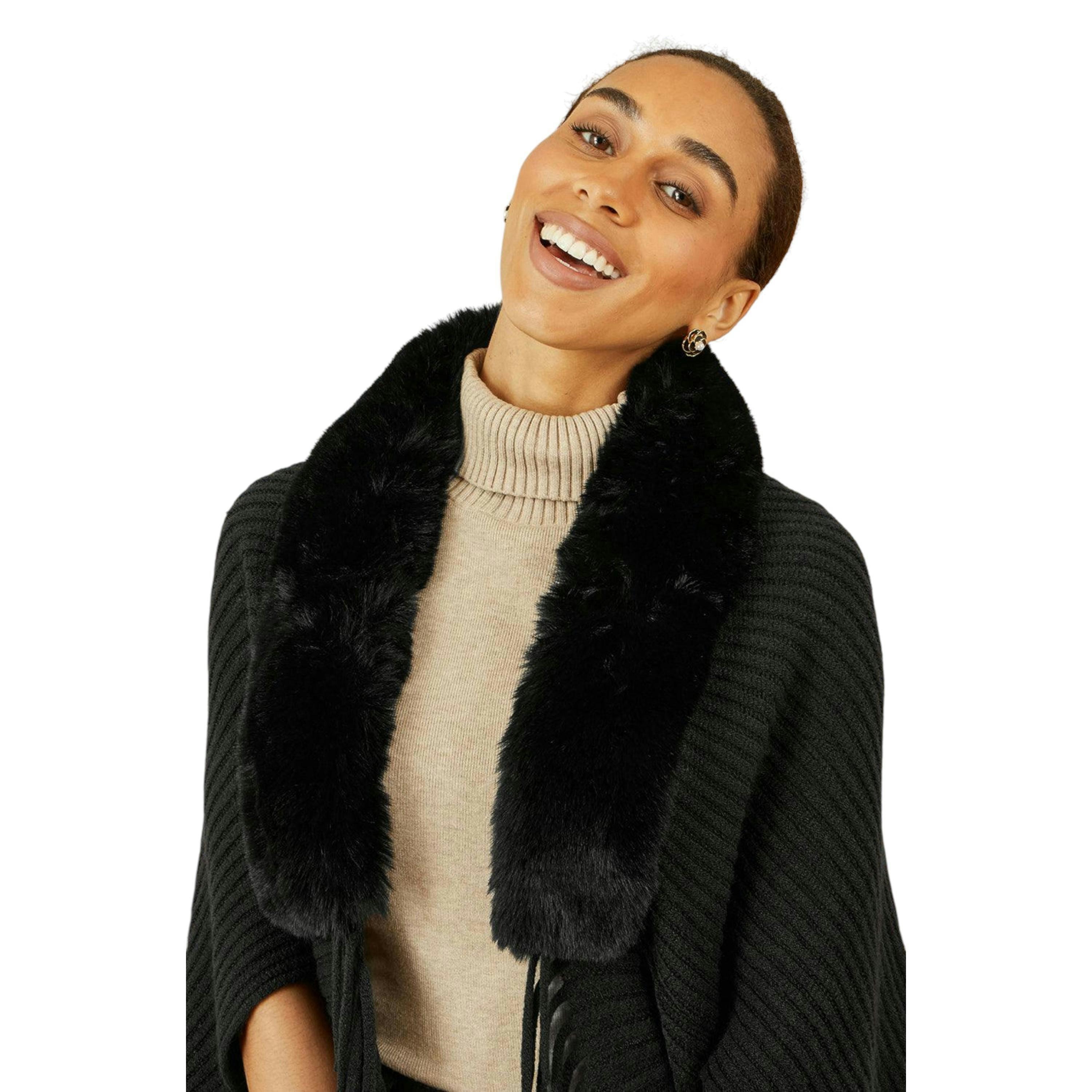 Yumi Black Fur Collar Shrug With Tassel Hem , view 2 of 2
