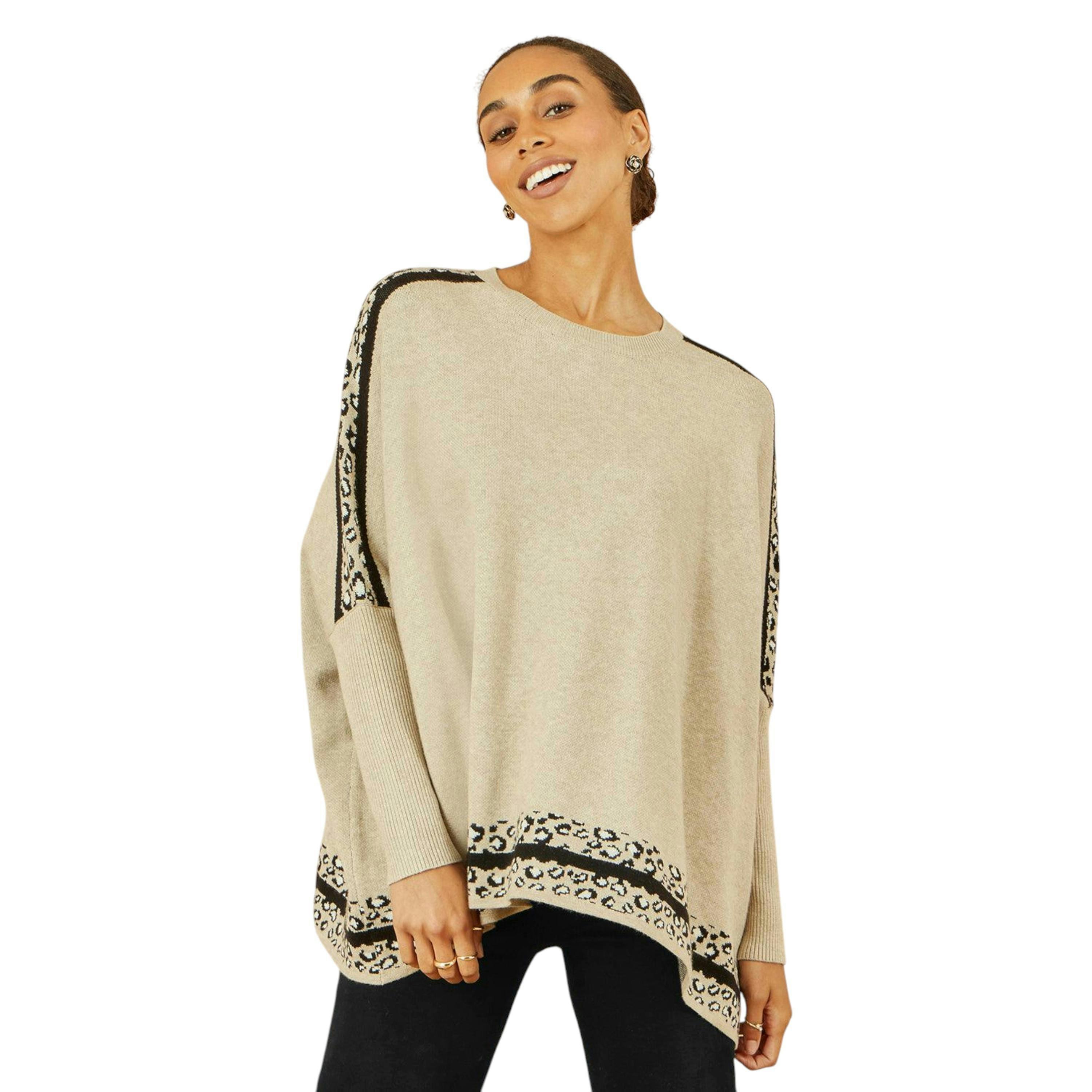 Yumi Oatmeal Leopard Print Border Relaxed Fit Jumper , view 1 of 2
