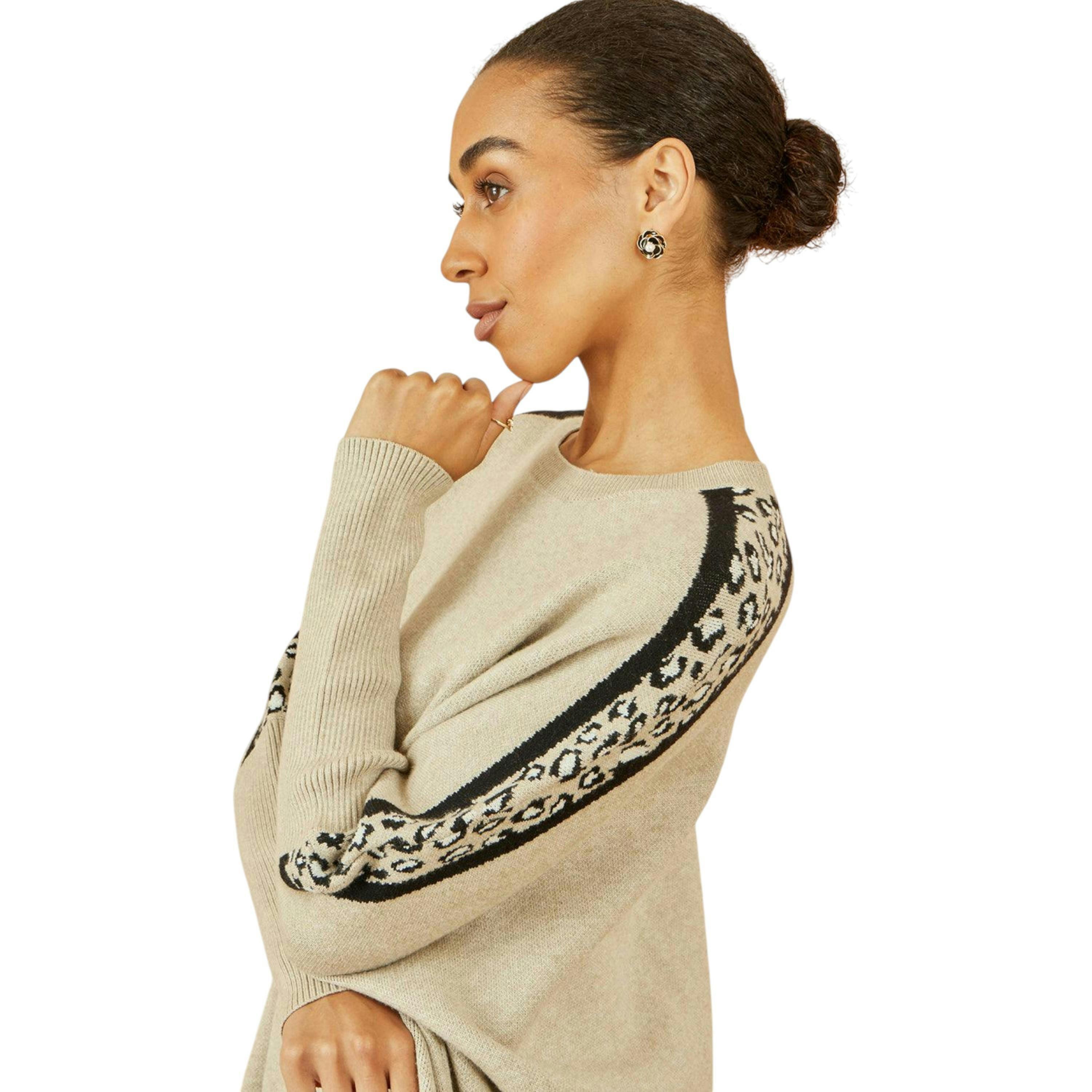 Yumi Oatmeal Leopard Print Border Relaxed Fit Jumper , view 2 of 2