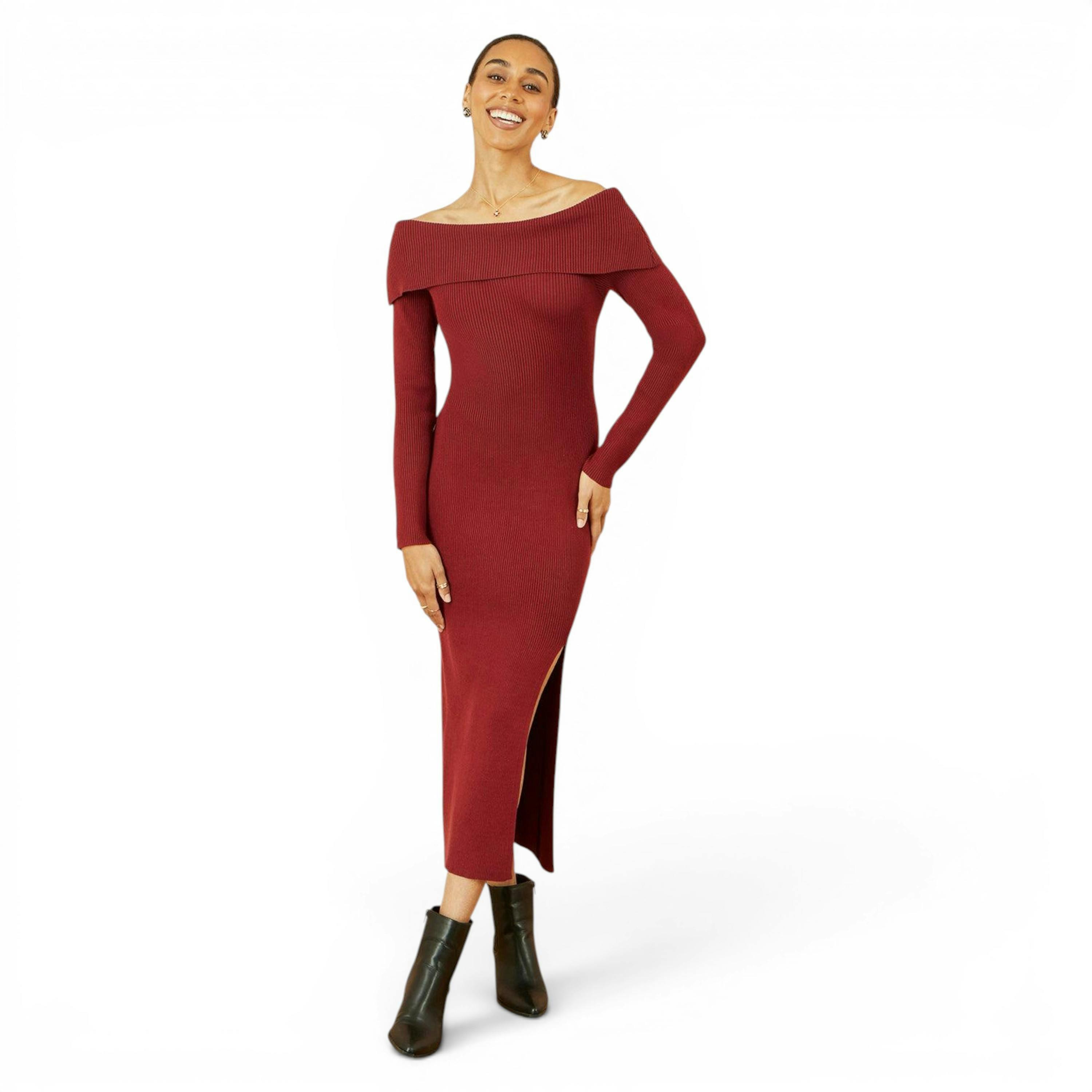 Yumi Burgundy Bardot Knitted Fitted Midi Dress , view 1 of 5