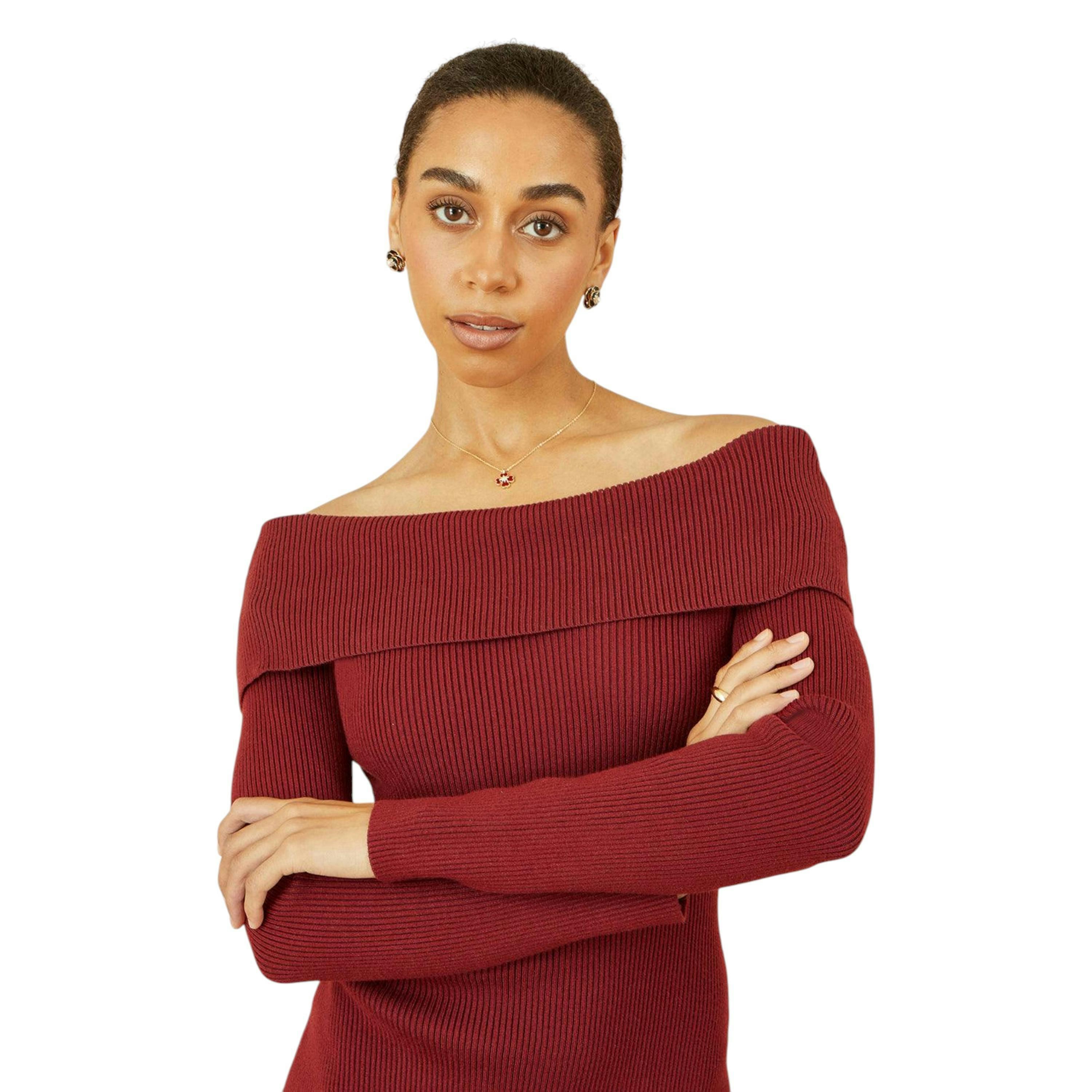 Yumi Burgundy Bardot Knitted Fitted Midi Dress , view 2 of 5