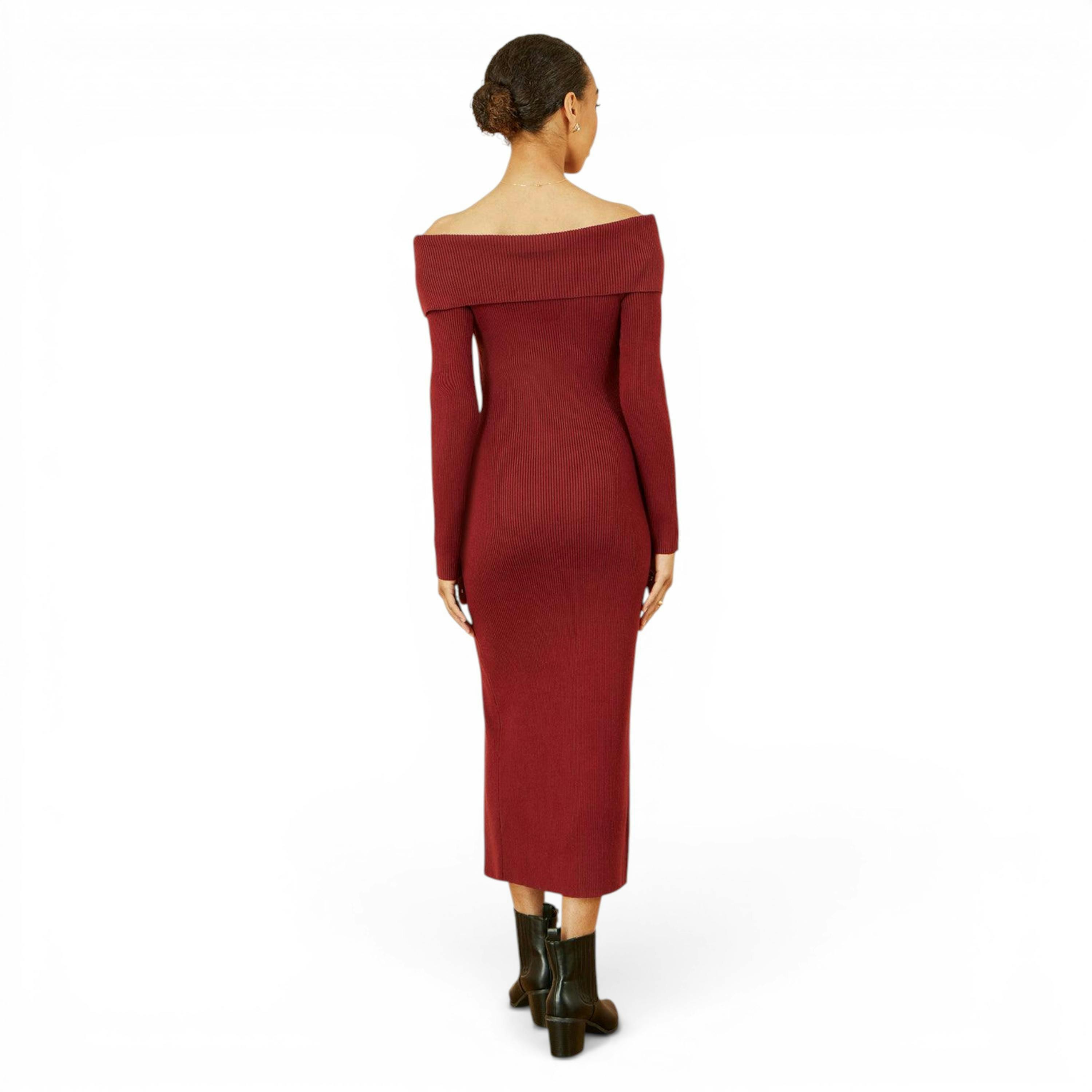 Yumi Burgundy Bardot Knitted Fitted Midi Dress , view 3 of 5