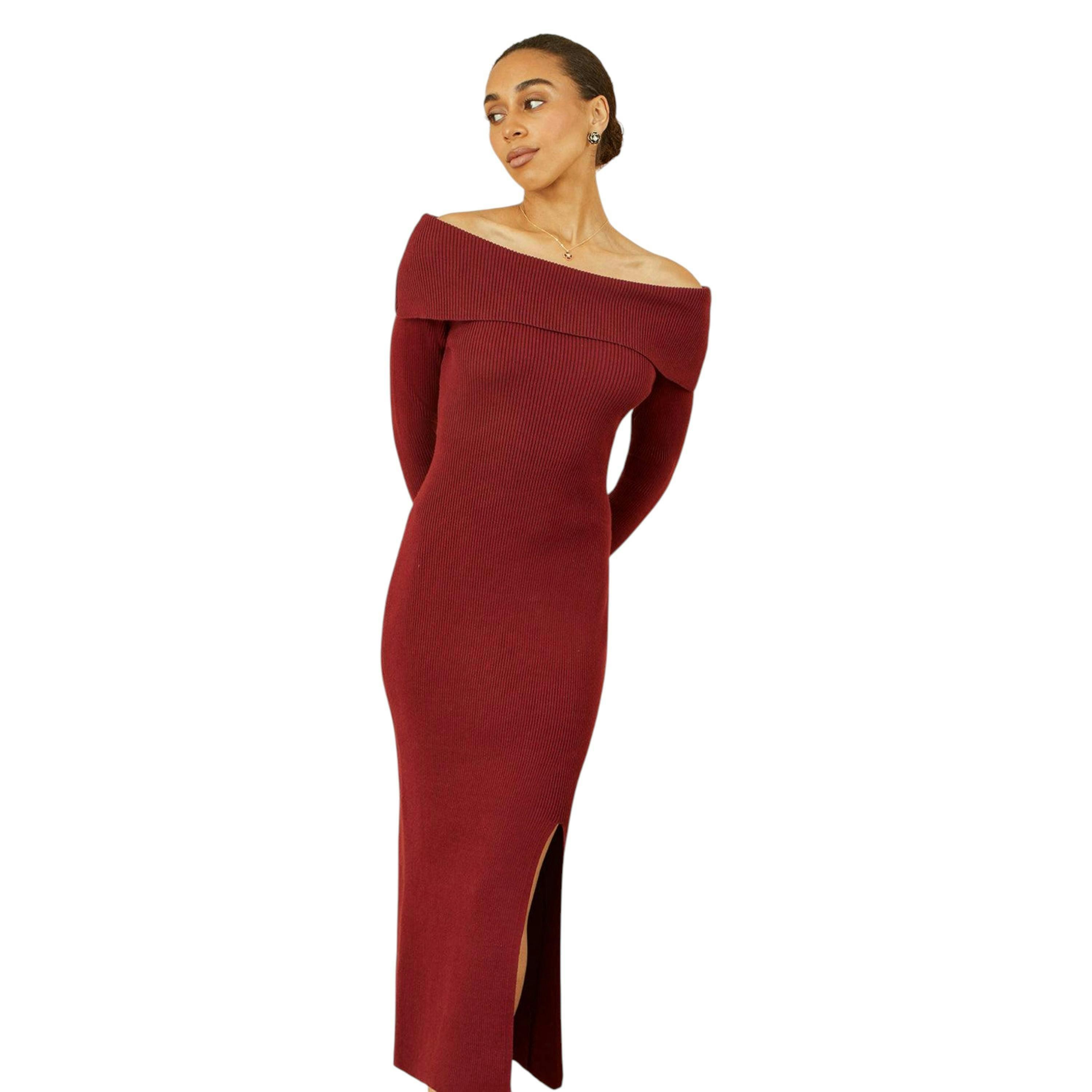 Yumi Burgundy Bardot Knitted Fitted Midi Dress , view 4 of 5