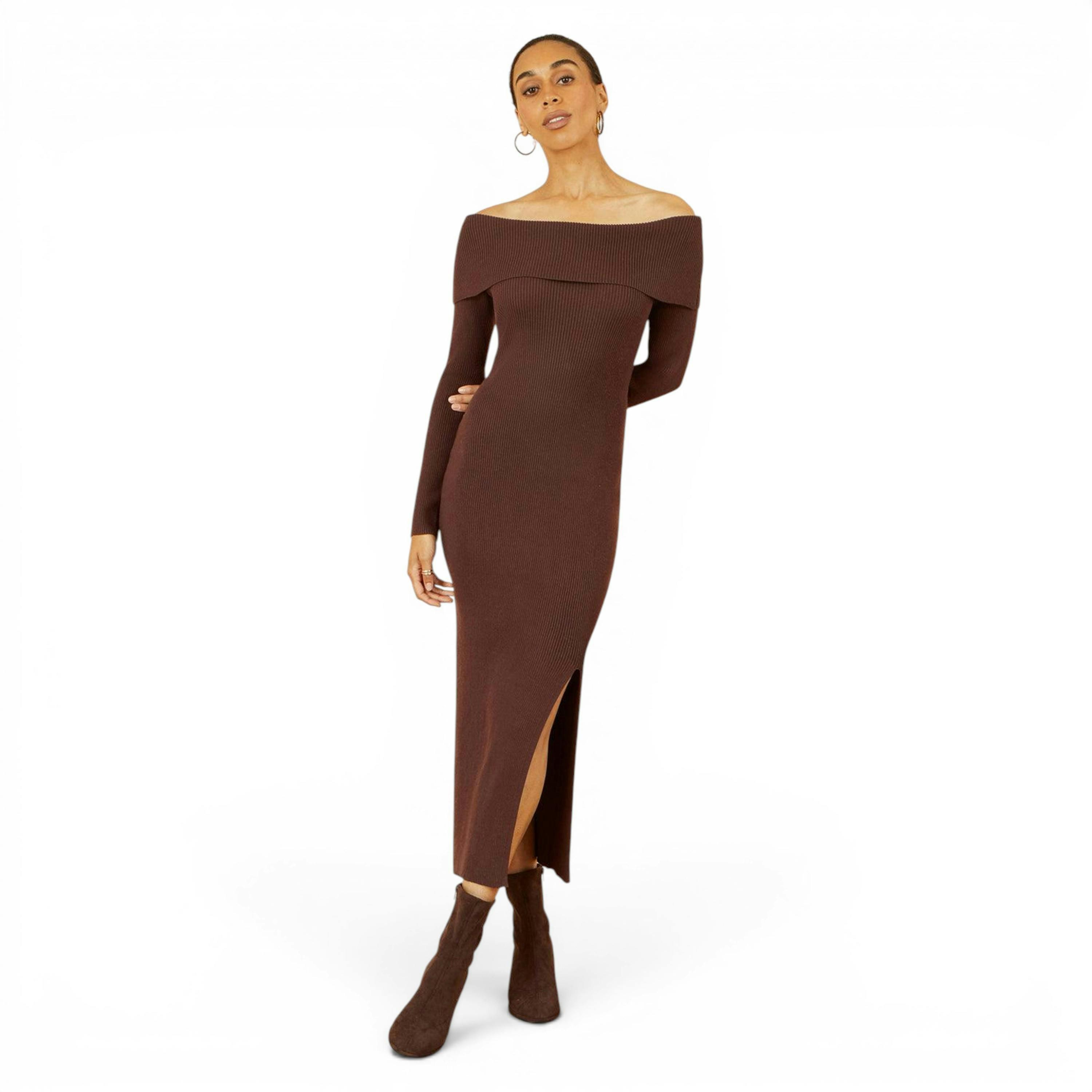 Yumi Brown Bardot Knitted Fitted Midi Dress , view 1 of 4