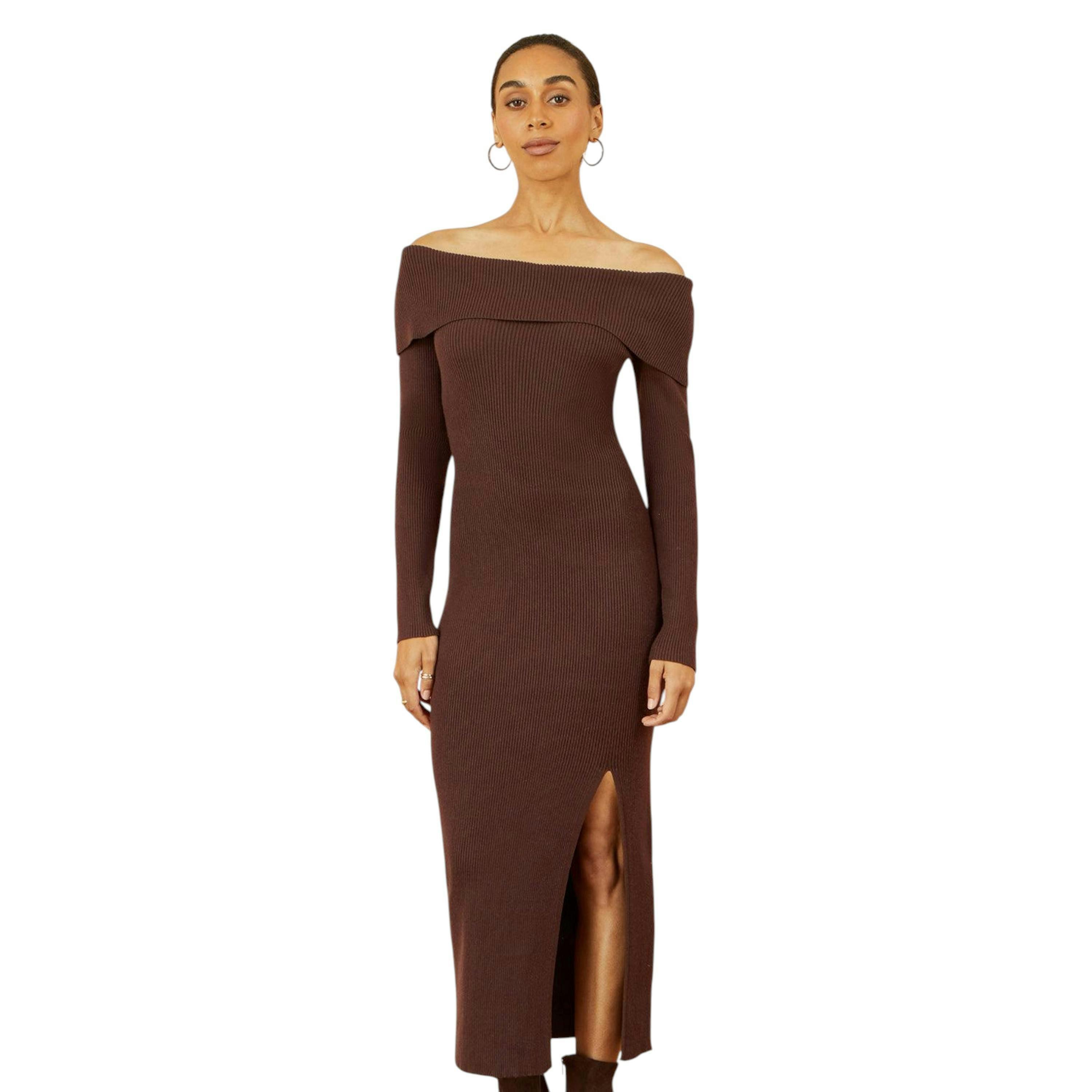 Yumi Brown Bardot Knitted Fitted Midi Dress , view 2 of 4
