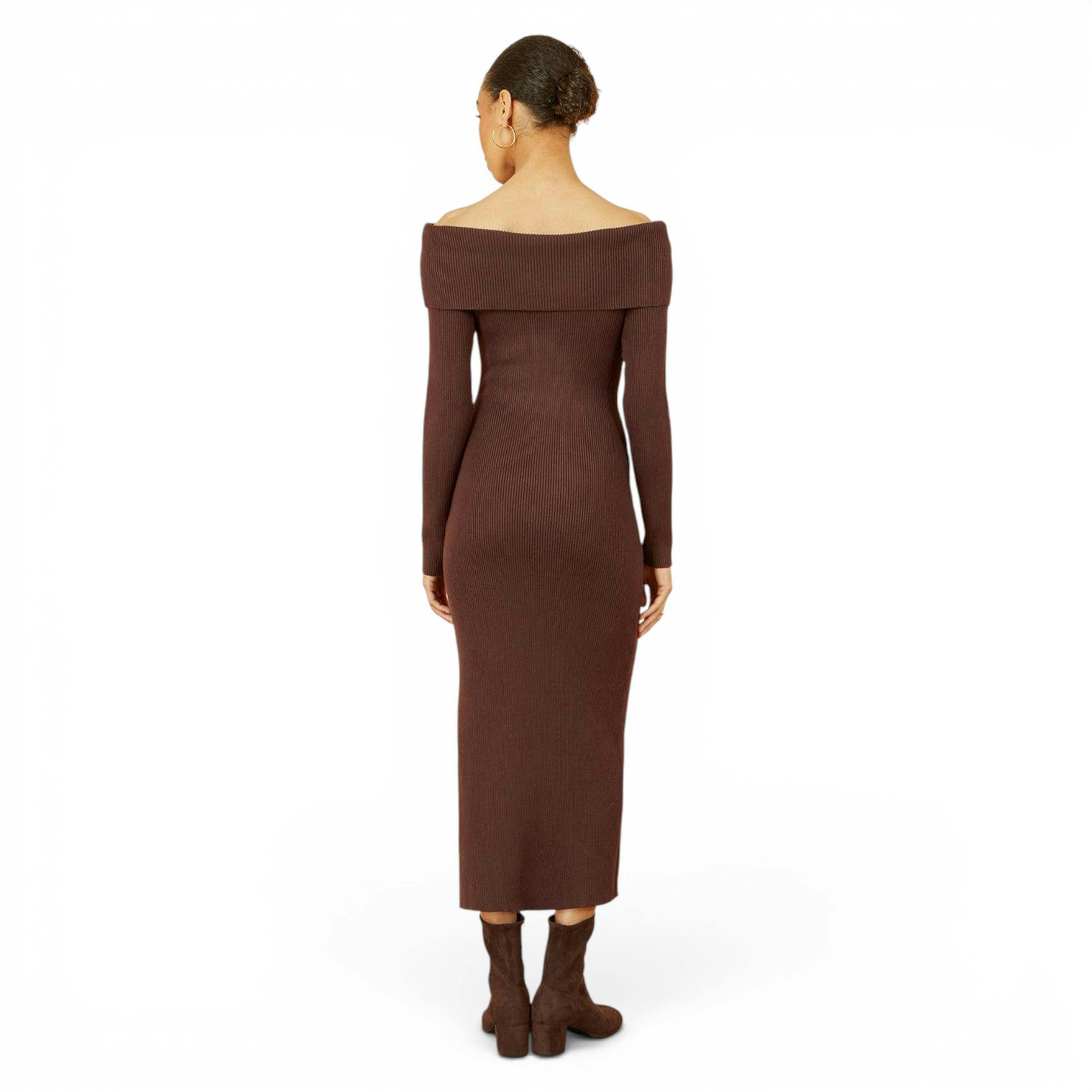 Yumi Brown Bardot Knitted Fitted Midi Dress , view 3 of 4