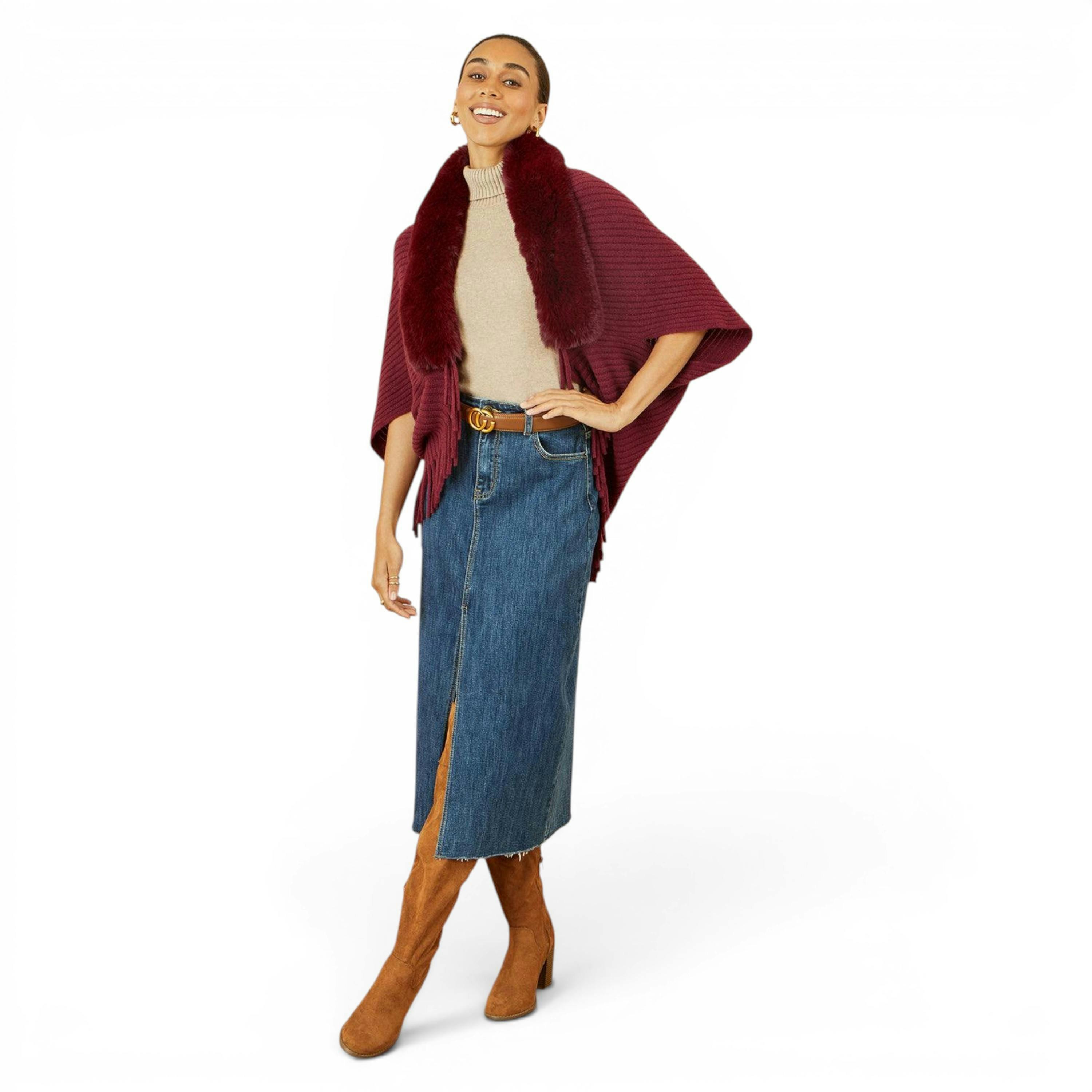 Yumi Burgundy Fur Collar Shrug With Tassel Hem , view 1 of 2