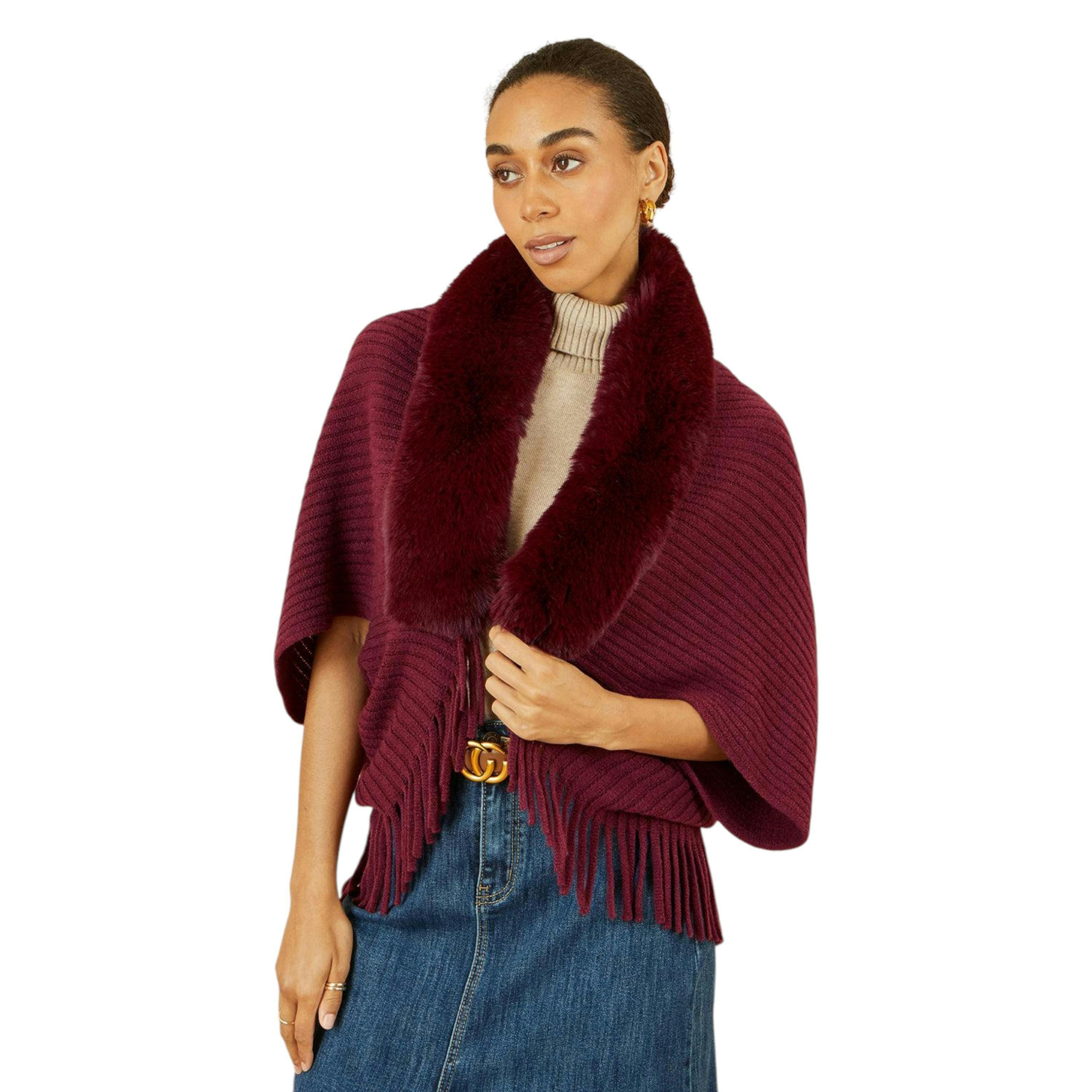 Yumi Burgundy Fur Collar Shrug With Tassel Hem , view 2 of 2