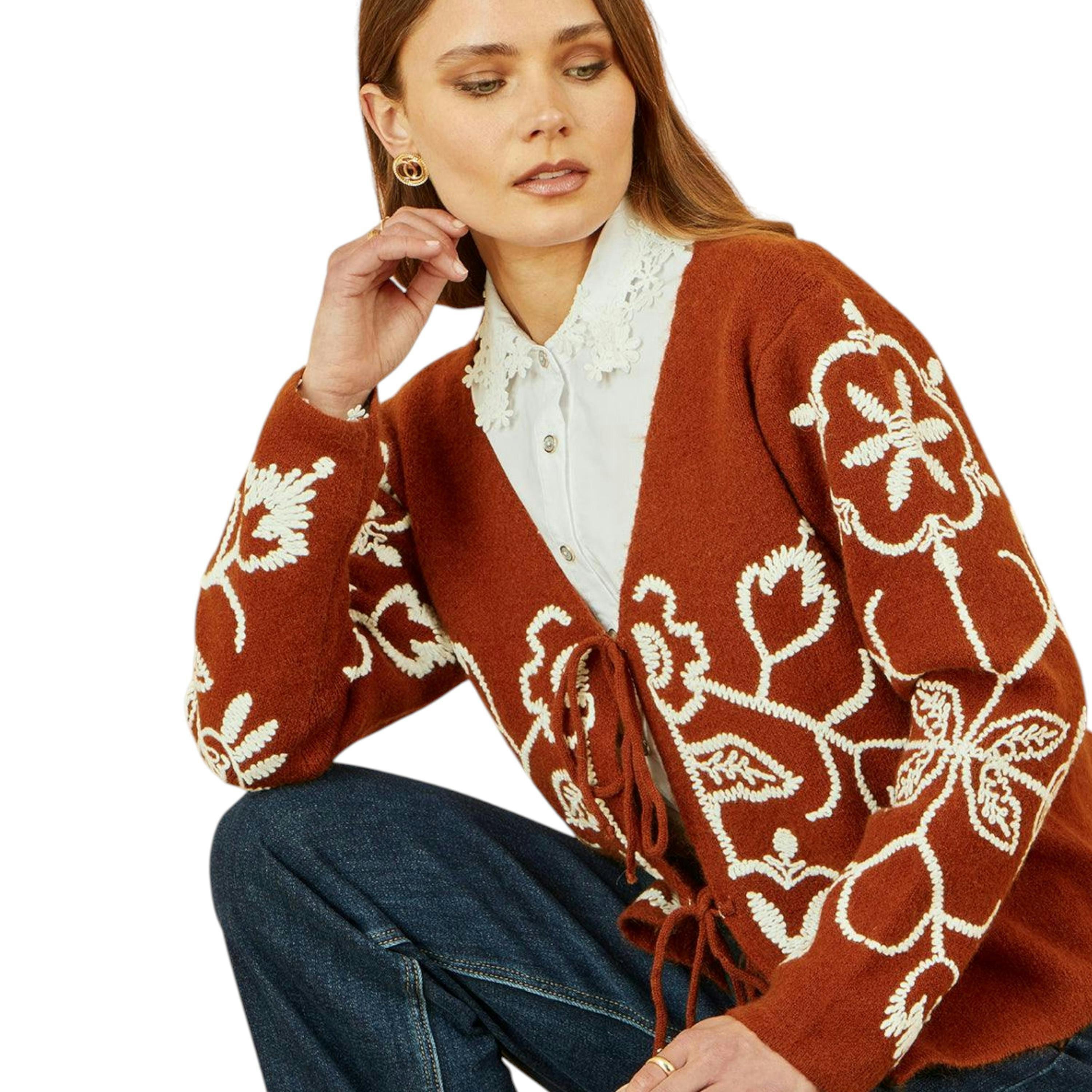Yumi Brown Folk Embroidered Tie Front Cardigan , view 1 of 5