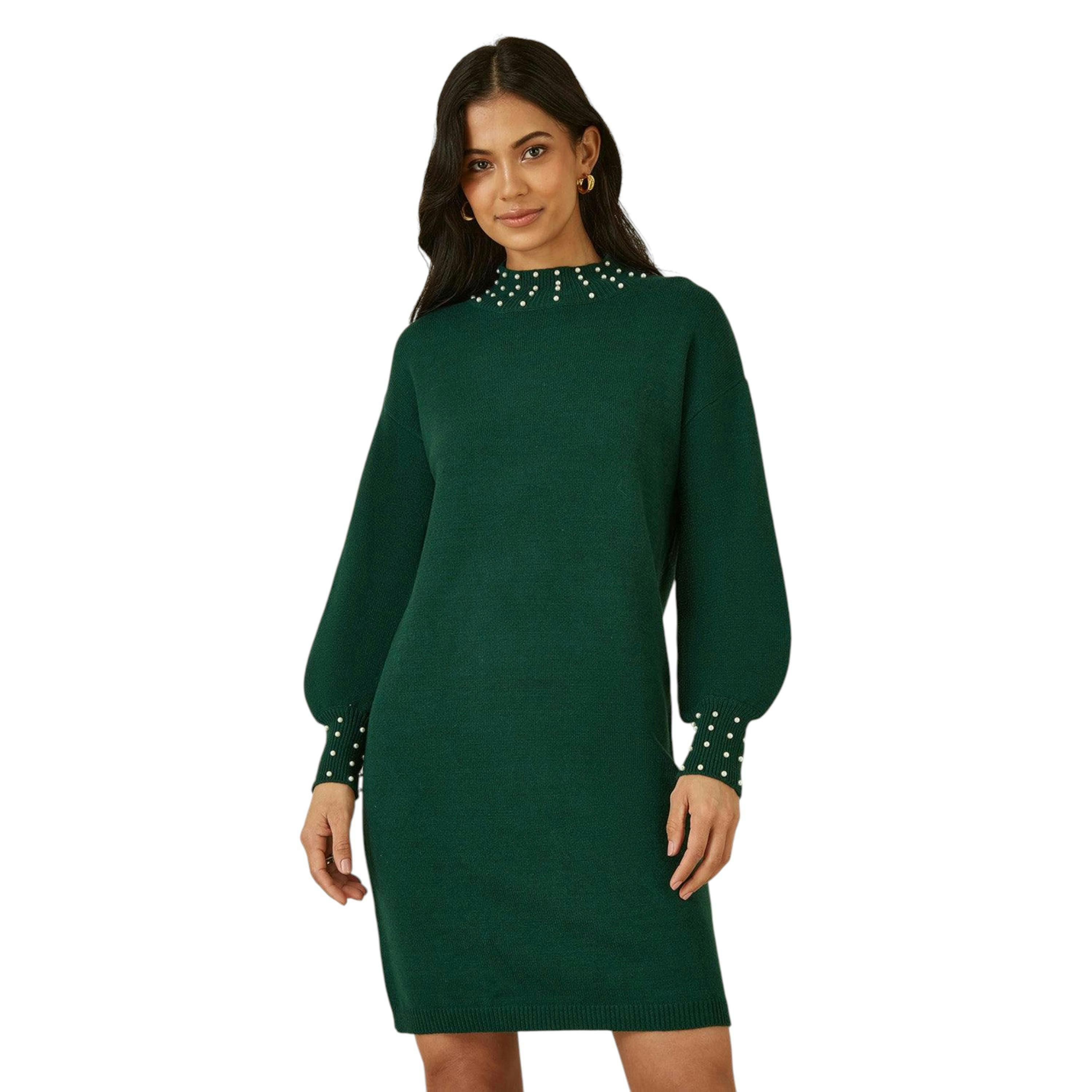 Yumi Green Pearl Detail Knitted Relaxed Jumper Dress , view 1 of 4