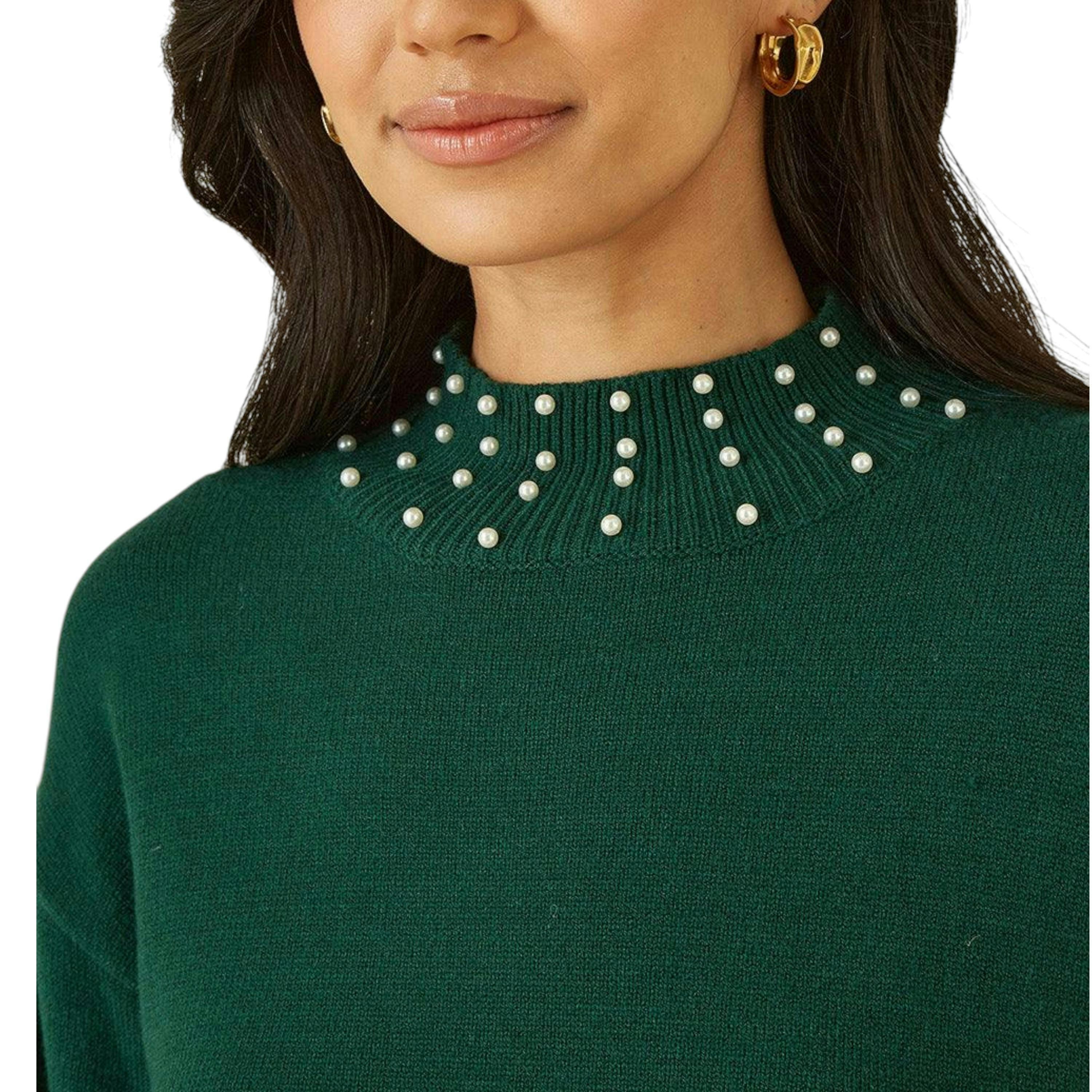 Yumi Green Pearl Detail Knitted Relaxed Jumper Dress , view 2 of 4