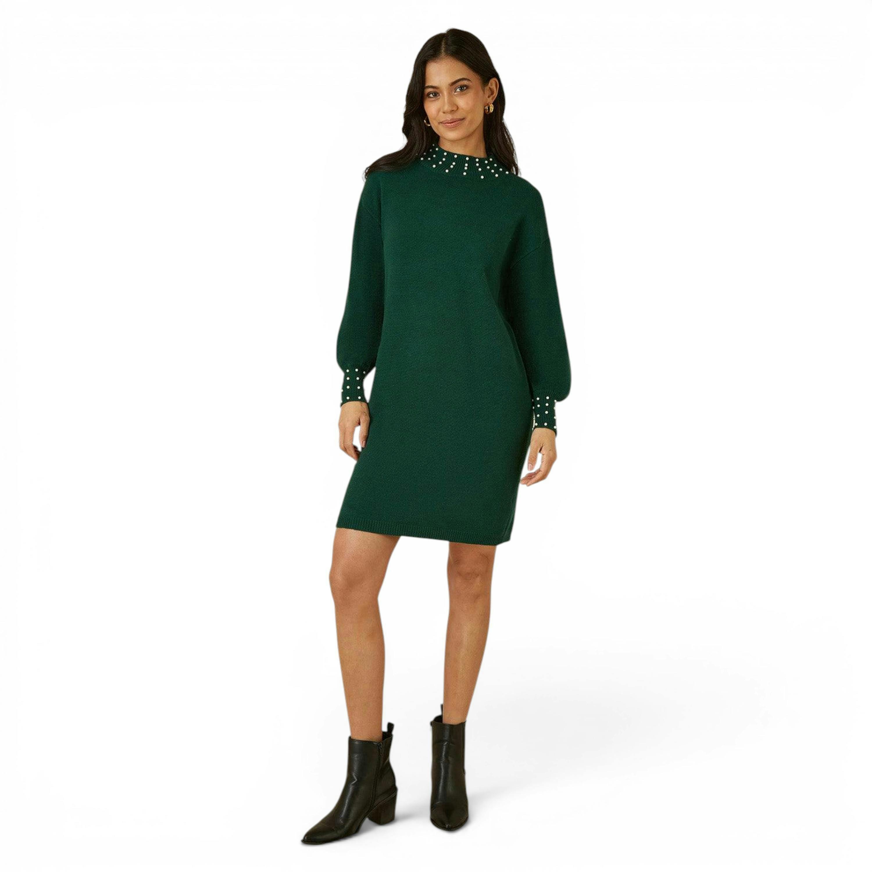 Yumi Green Pearl Detail Knitted Relaxed Jumper Dress , view 3 of 4