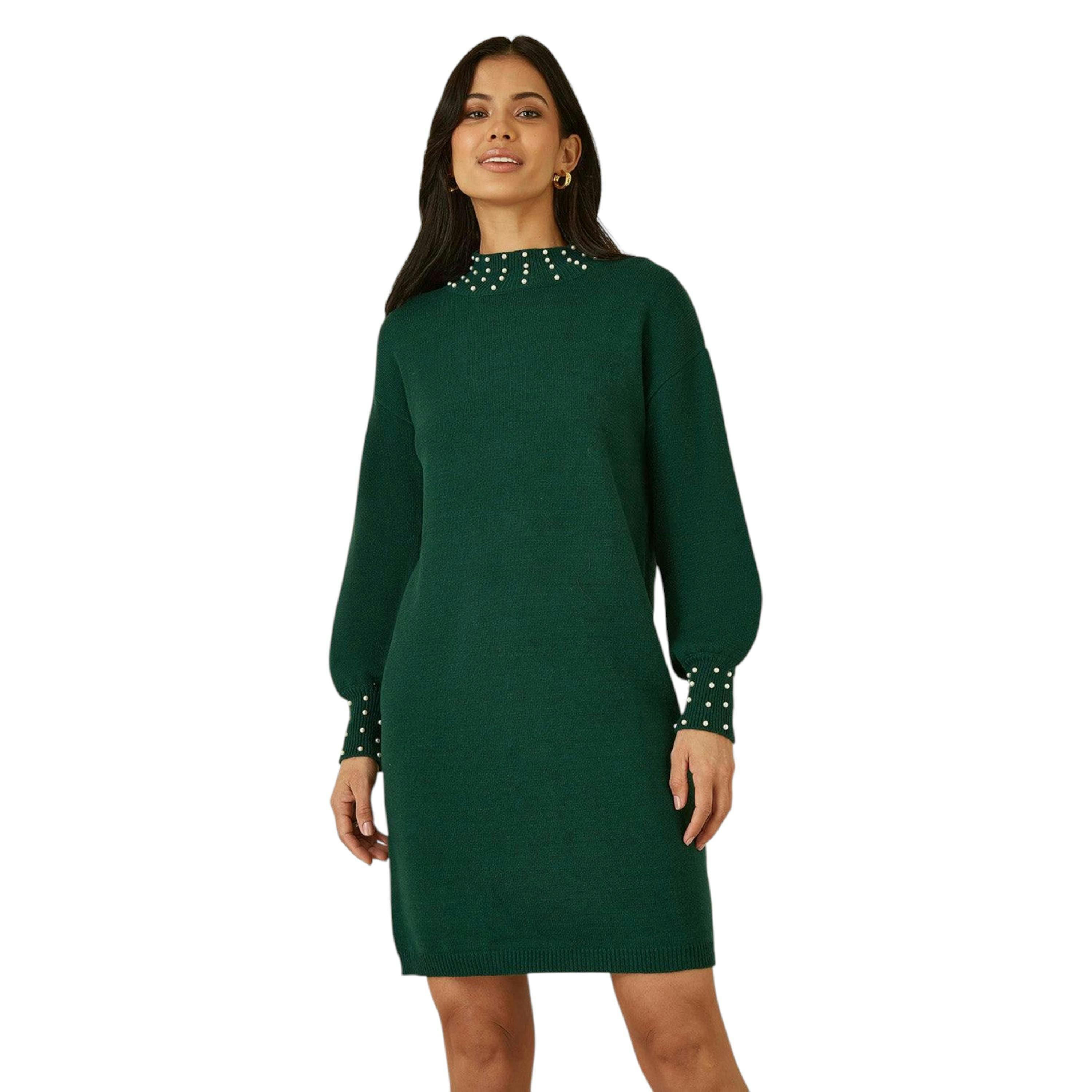 Yumi Green Pearl Detail Knitted Relaxed Jumper Dress , view 4 of 4