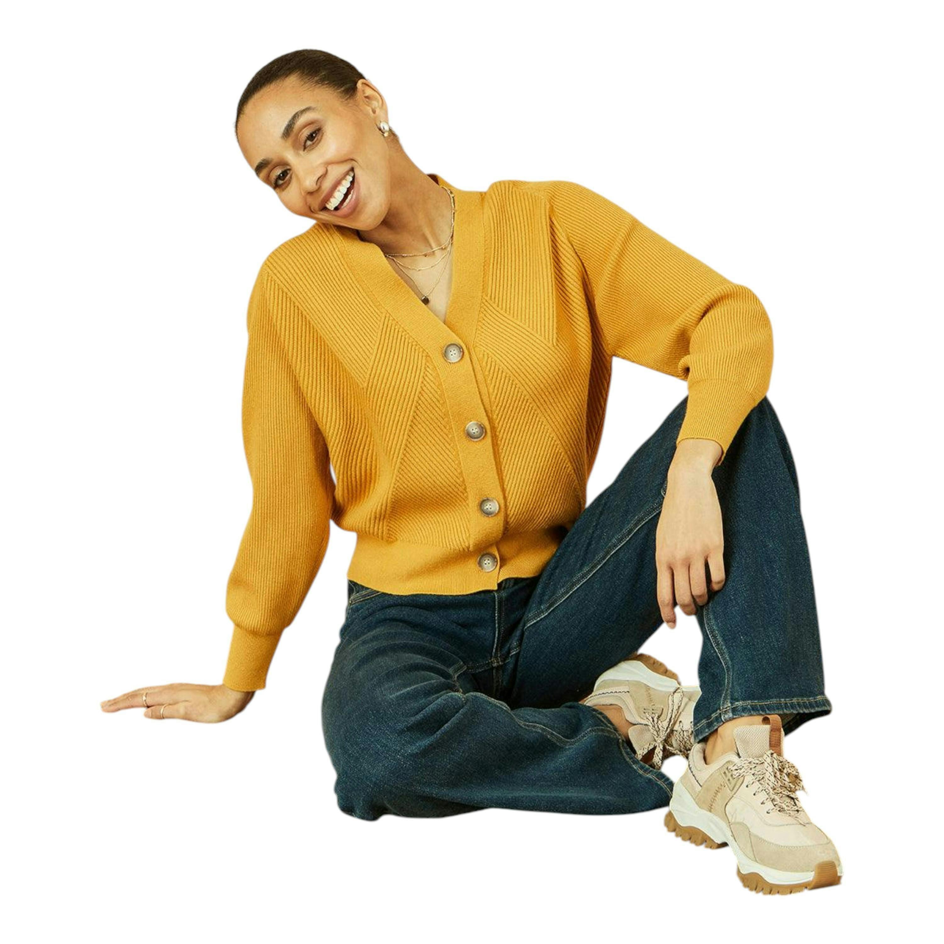 Yumi Mustard Relaxed Fit Cardigan With Stitch Detail , view 1 of 5