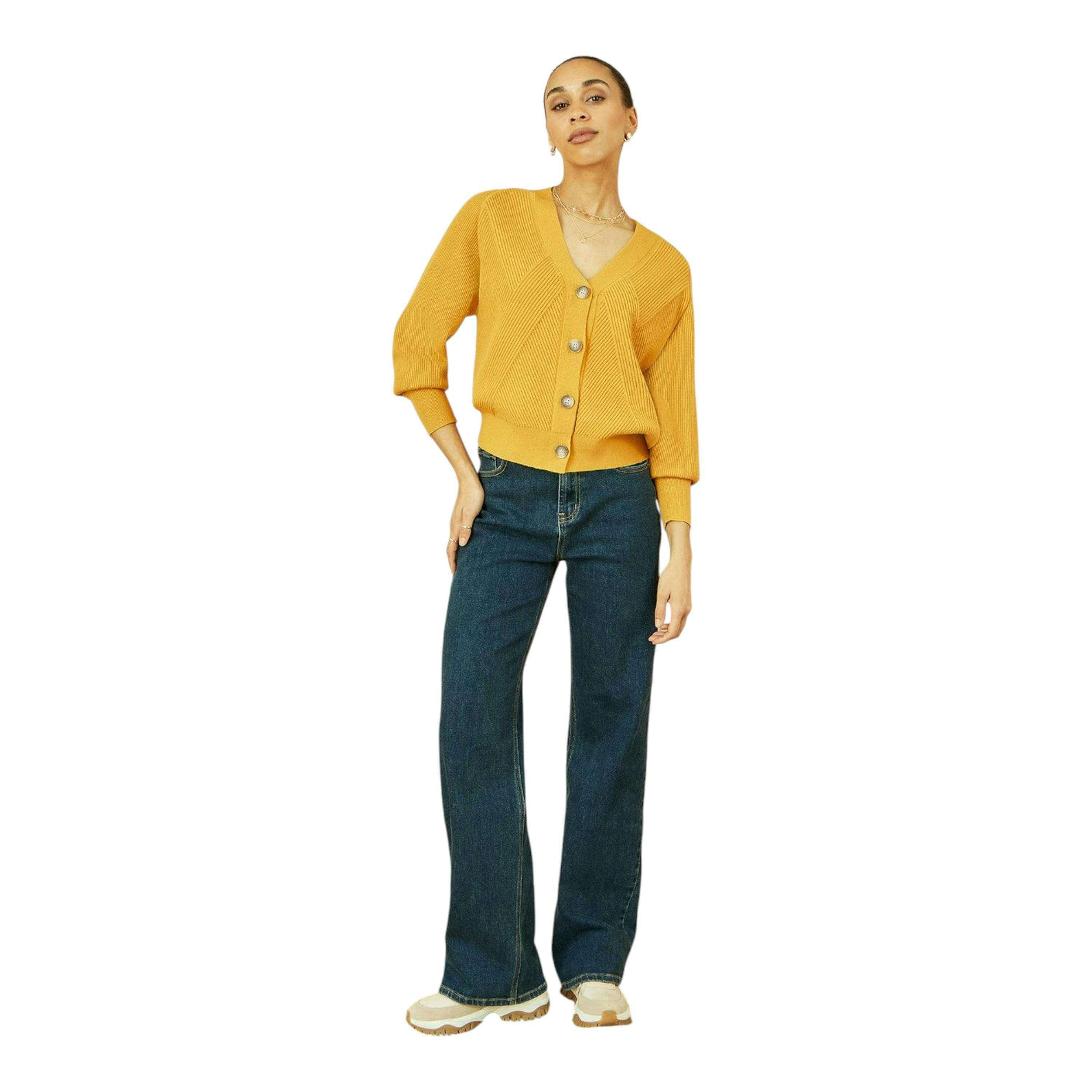 Yumi Mustard Relaxed Fit Cardigan With Stitch Detail , view 3 of 5