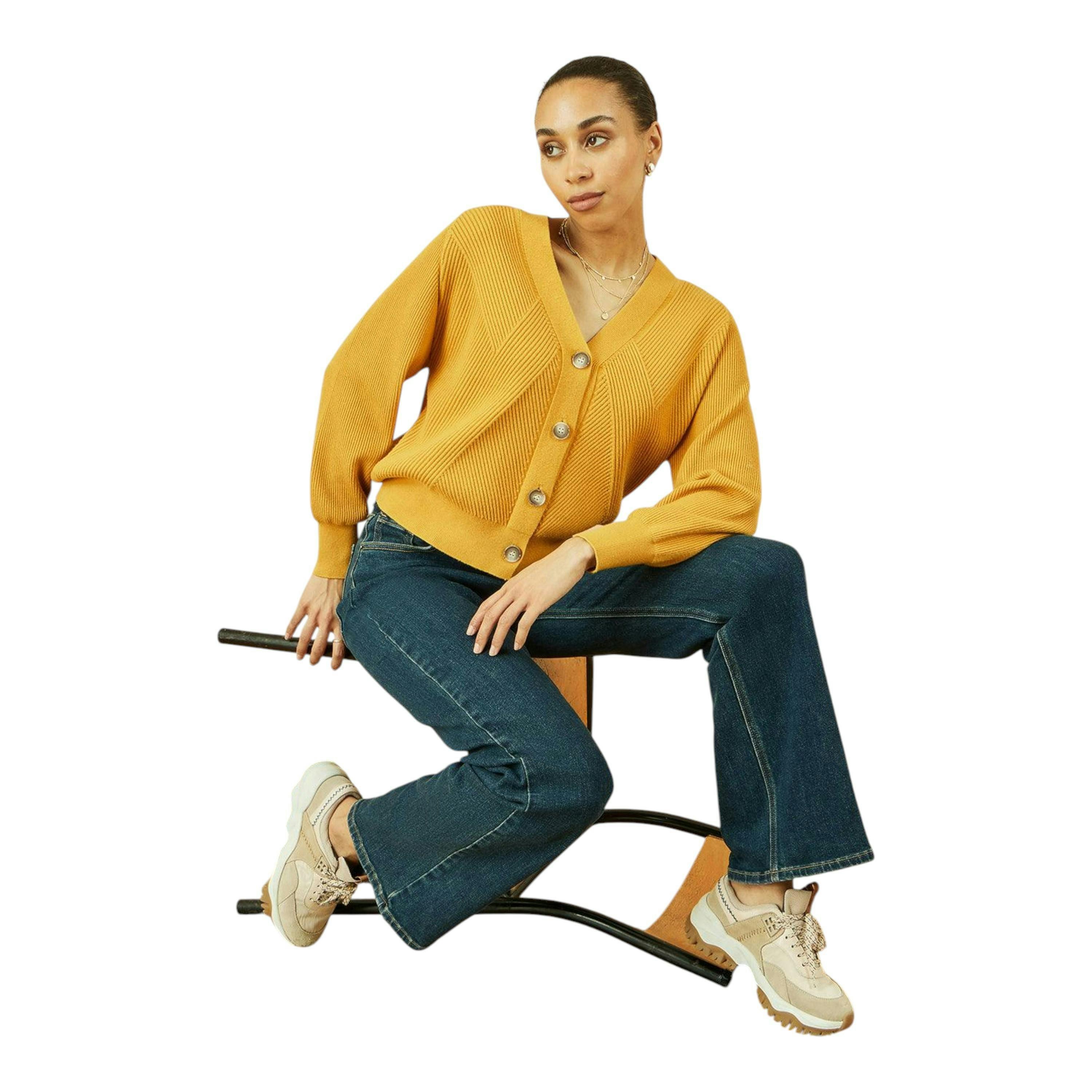 Yumi Mustard Relaxed Fit Cardigan With Stitch Detail , view 4 of 5