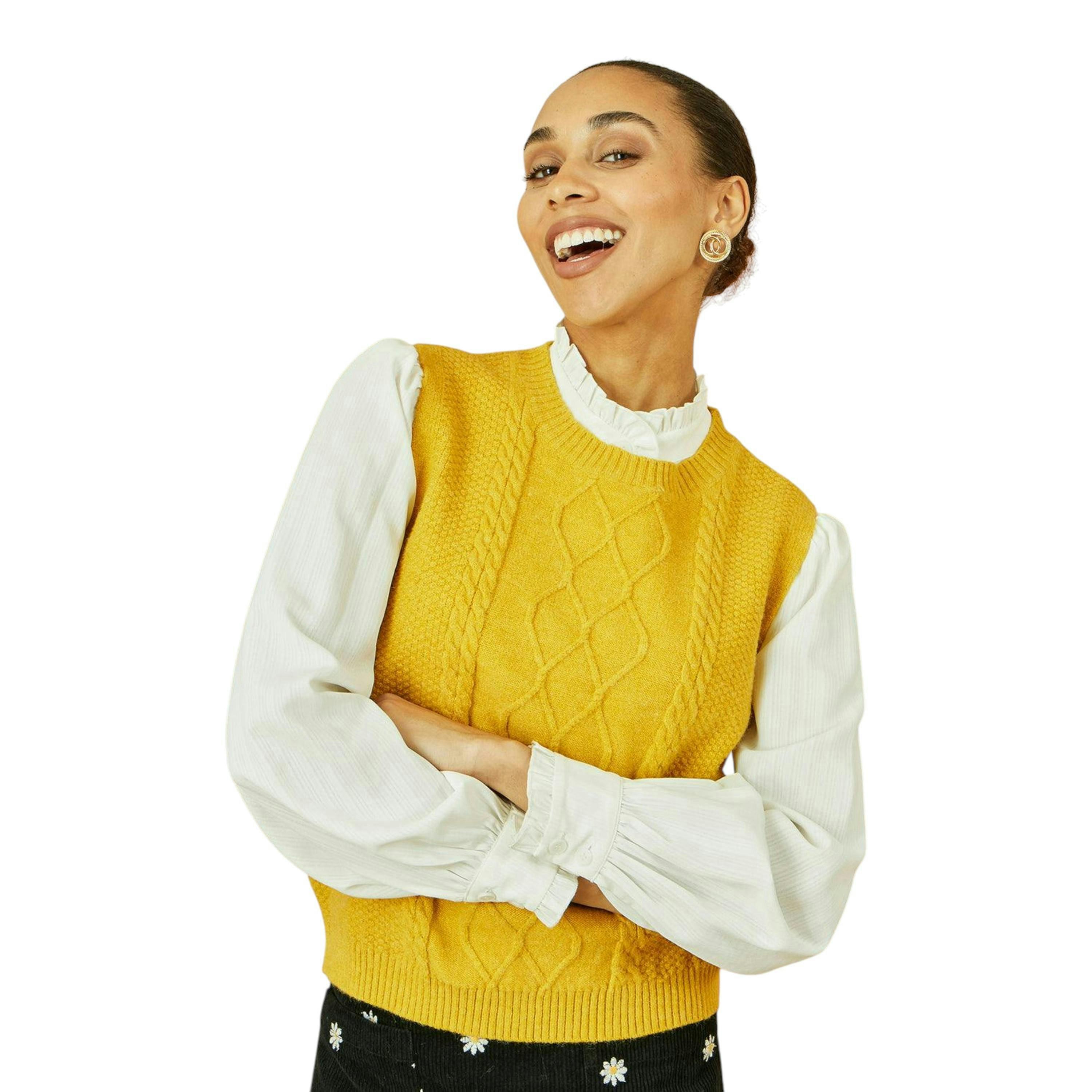 Yumi Mustard Cable Knit Sleeveless Jumper , view 1 of 5